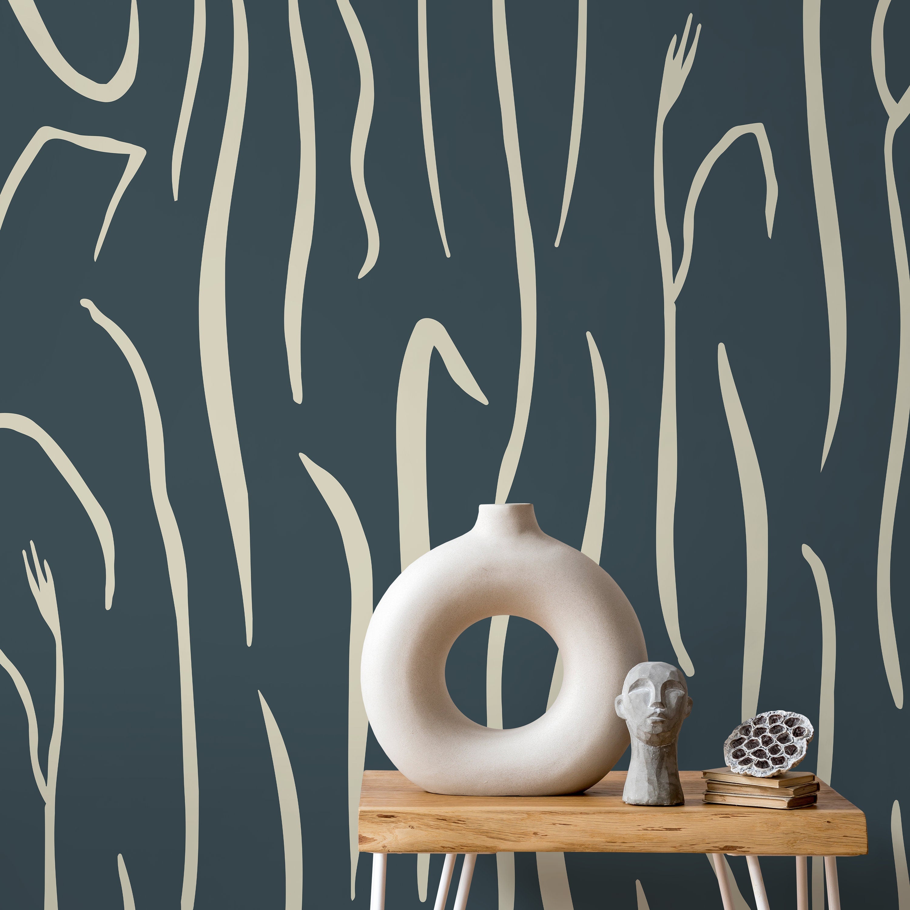 Abstract Wallpaper With Organic Wavy Lines In Dark Green And Cream - D618