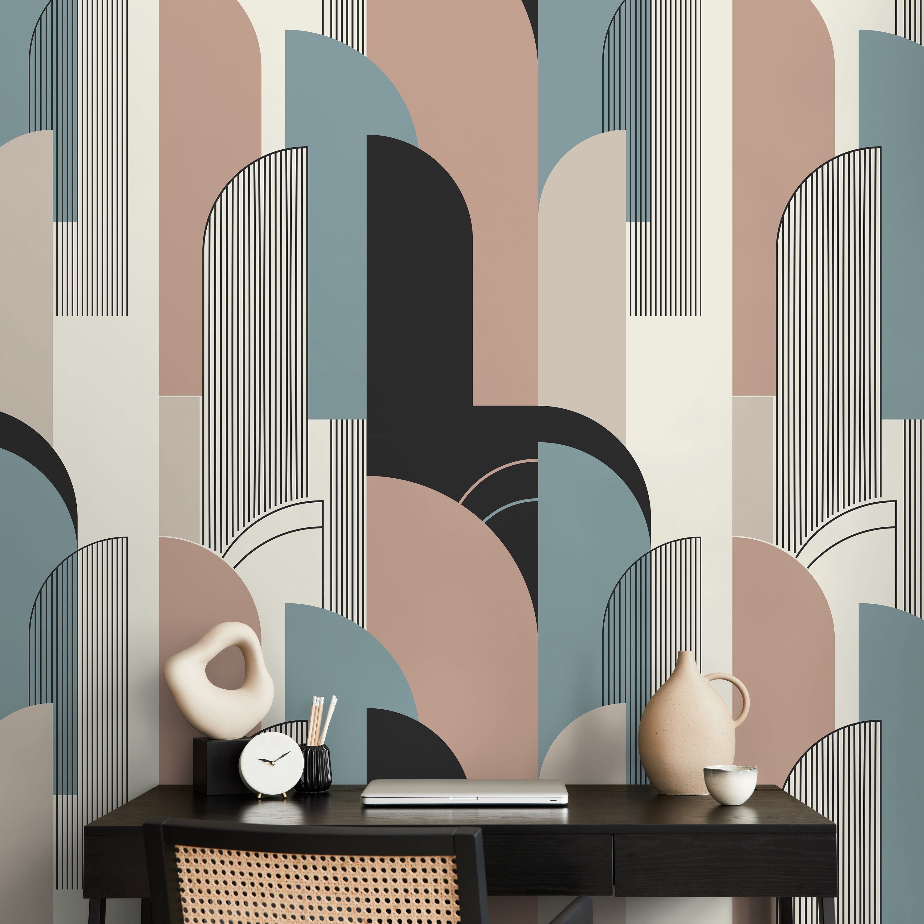 Geometric Wallpaper With An Art Deco Arch Motif In Pink, Blue, And Grey - D621