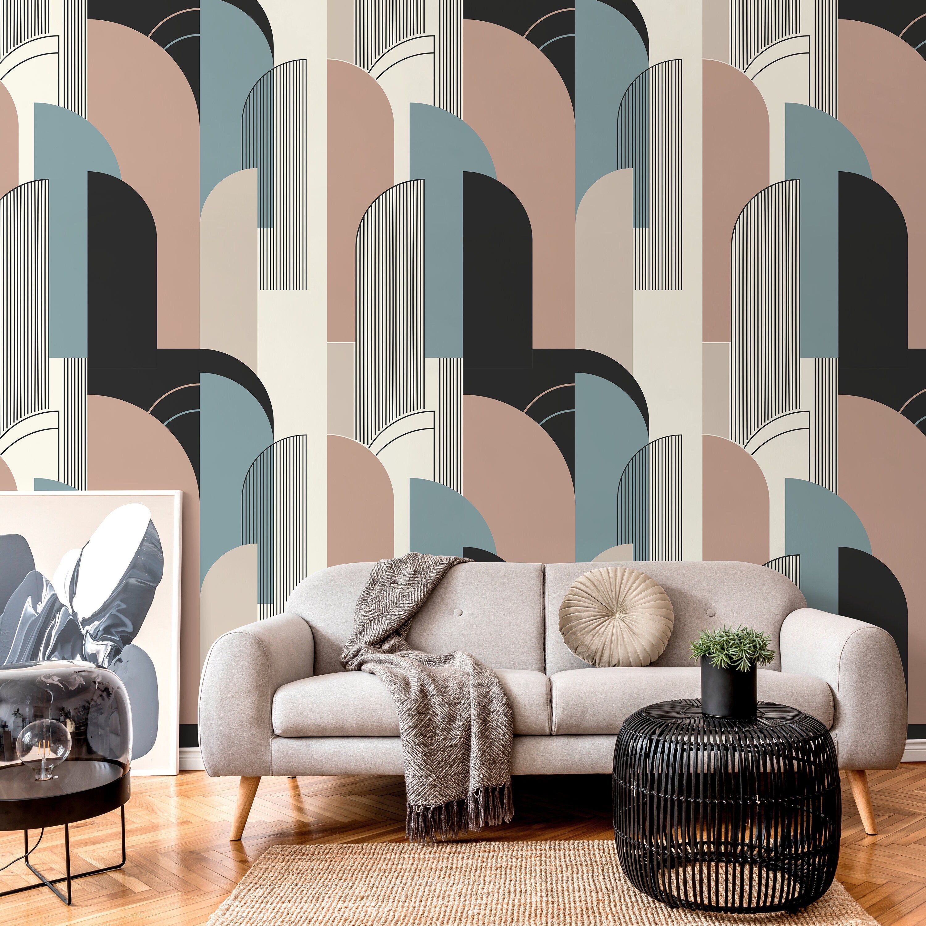 Geometric Wallpaper With An Art Deco Arch Motif In Pink, Blue, And Grey - D621