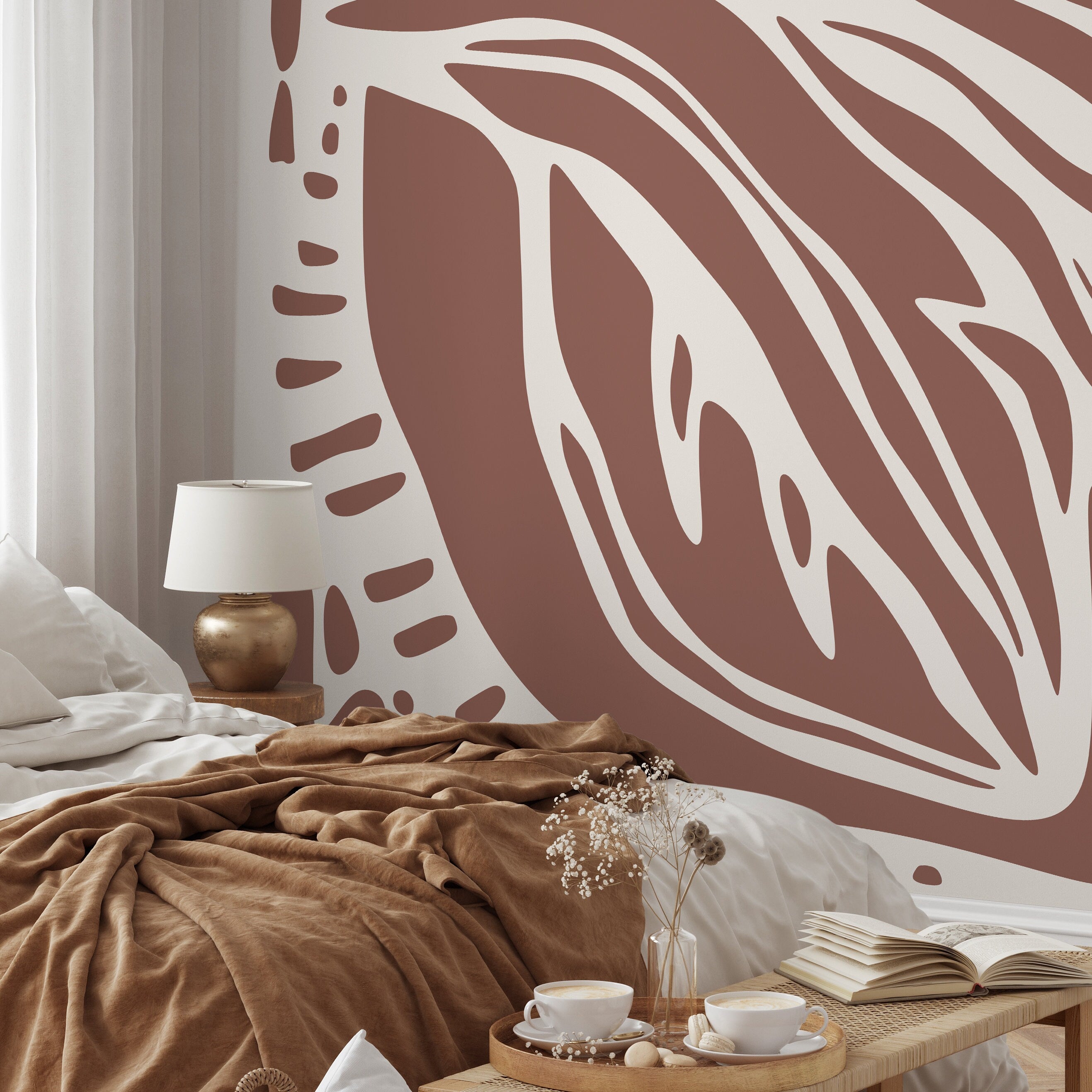 Abstract Wallpaper With Organic Cut-out Shapes In Brown And Cream - D622