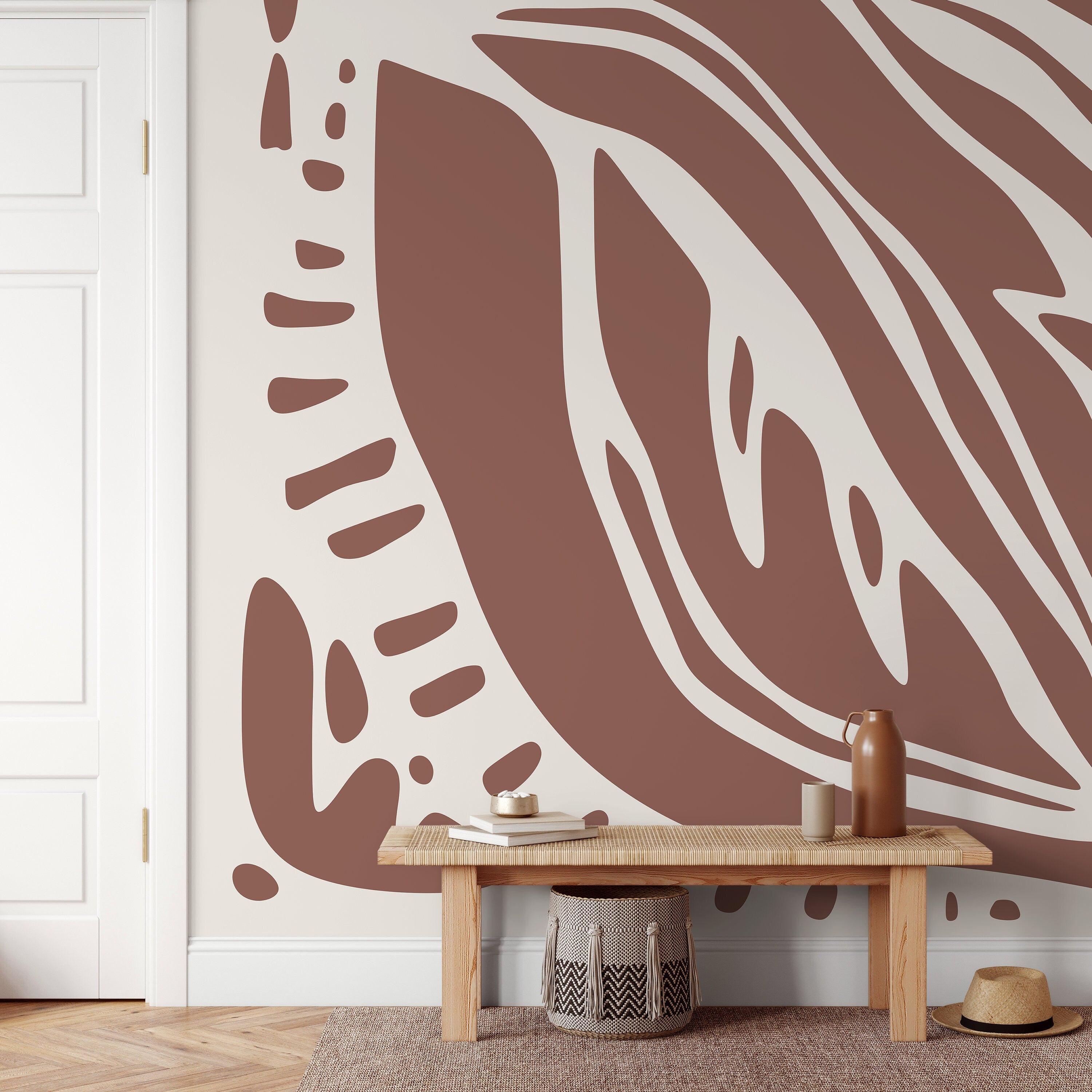 Abstract Wallpaper With Organic Cut-out Shapes In Brown And Cream - D622