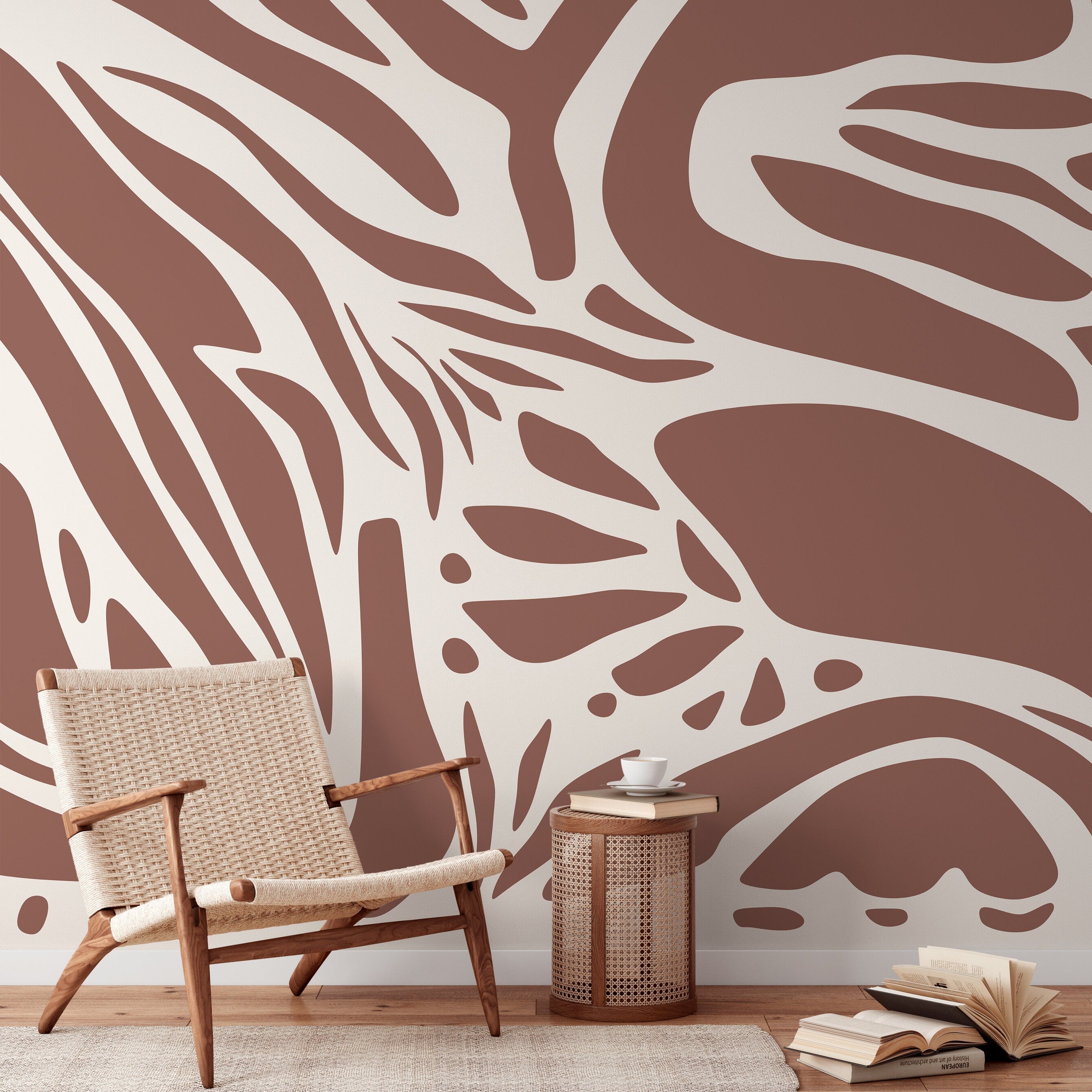 Abstract Wallpaper With Organic Cut-out Shapes In Brown And Cream - D622