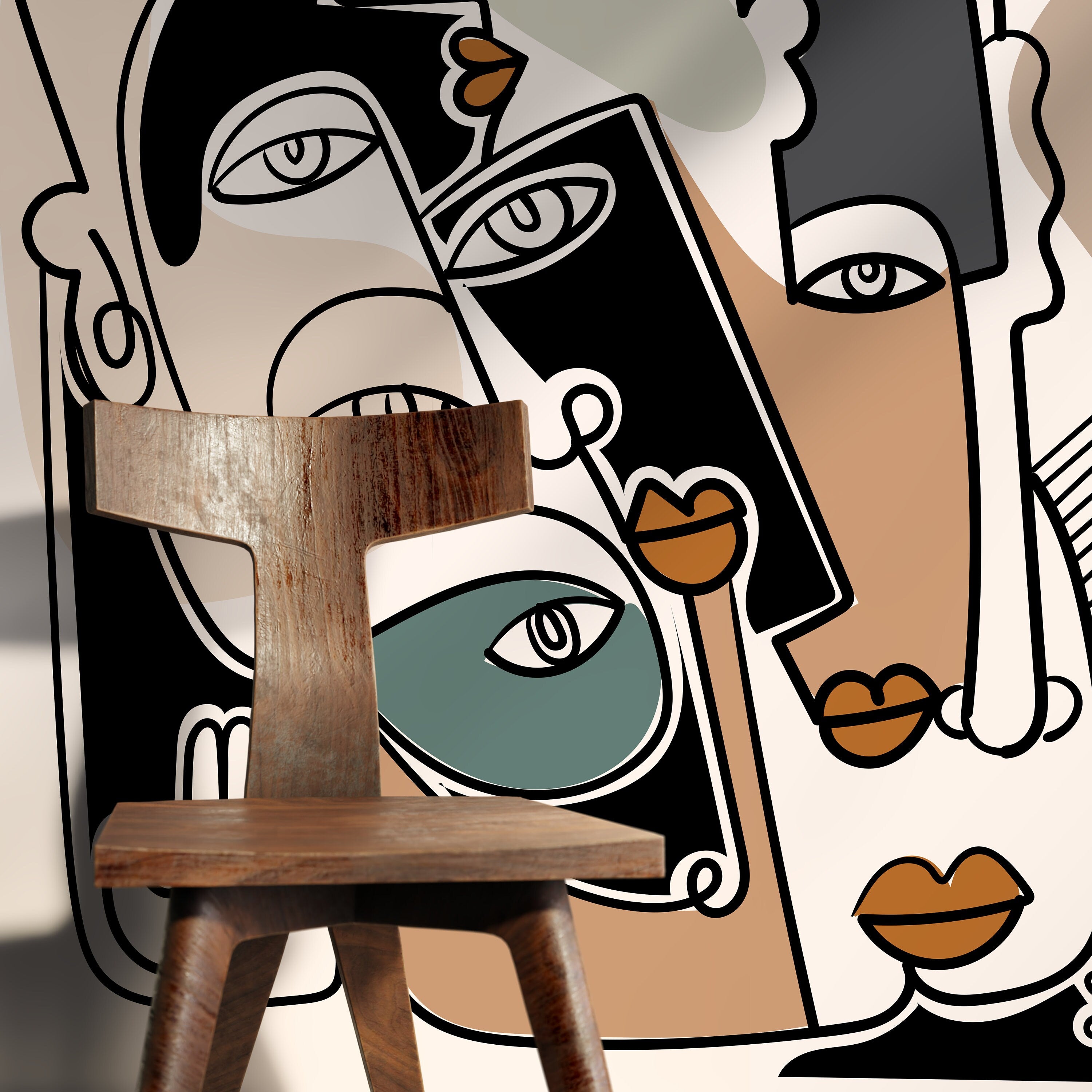 Cubism Wallpaper With Surreal Line Art Faces In Black And Terracotta - D587
