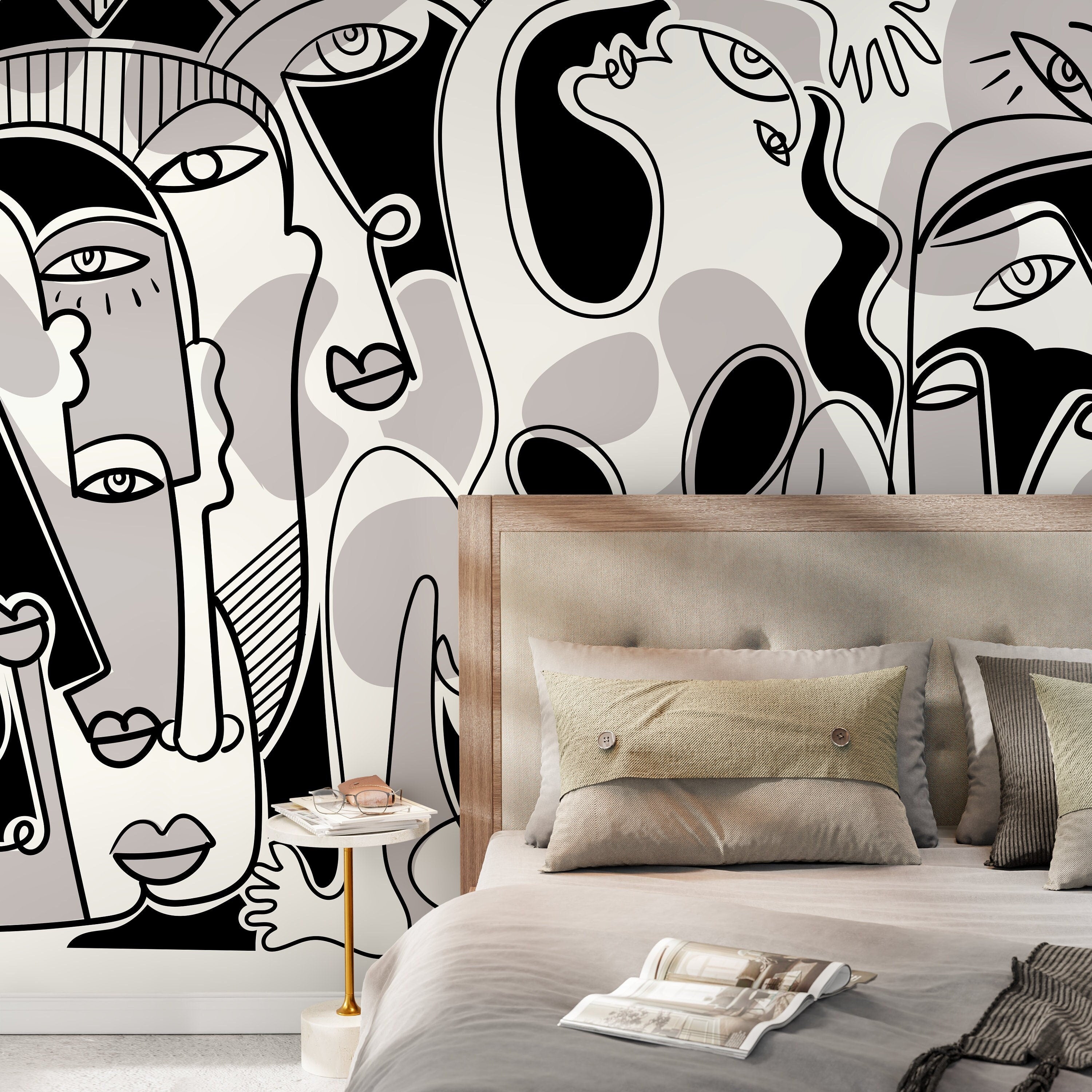 Abstract Wallpaper With Cubist Style Faces In Black And Grey - D588