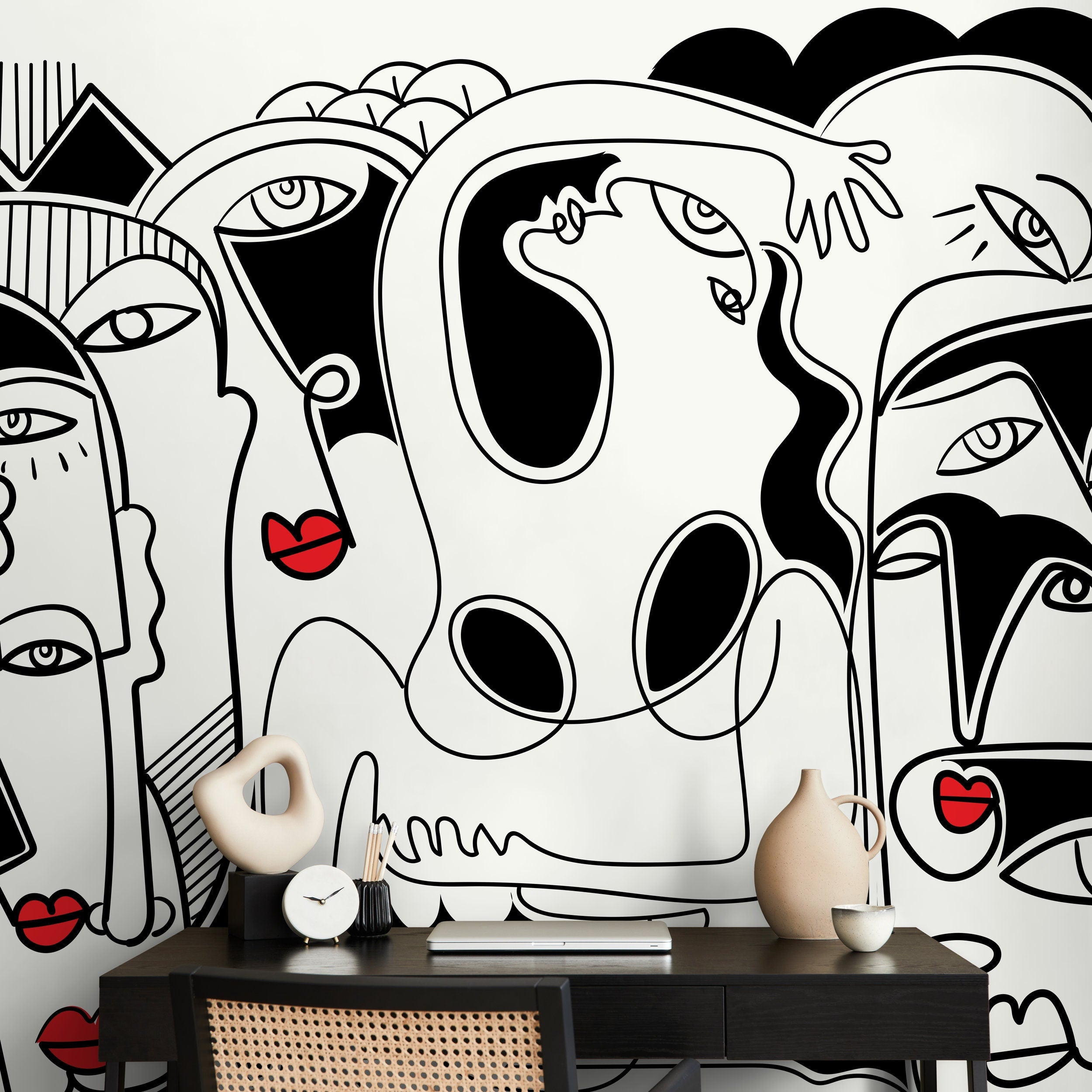 Abstract Wallpaper Inspired By Picasso Faces In Black And Red - D589