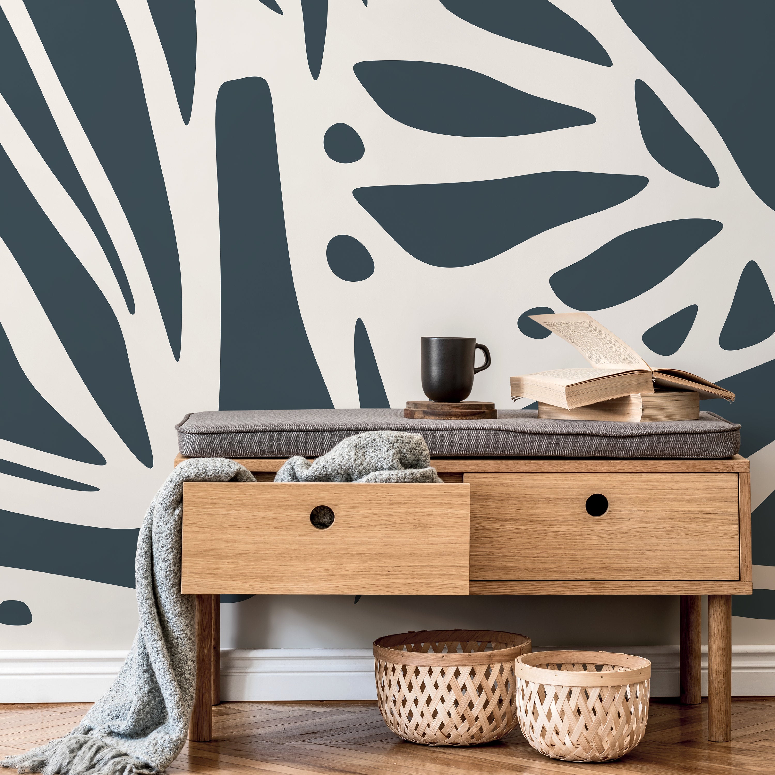 Abstract Wallpaper With Organic Cut-out Shapes In Dark Blue - D623