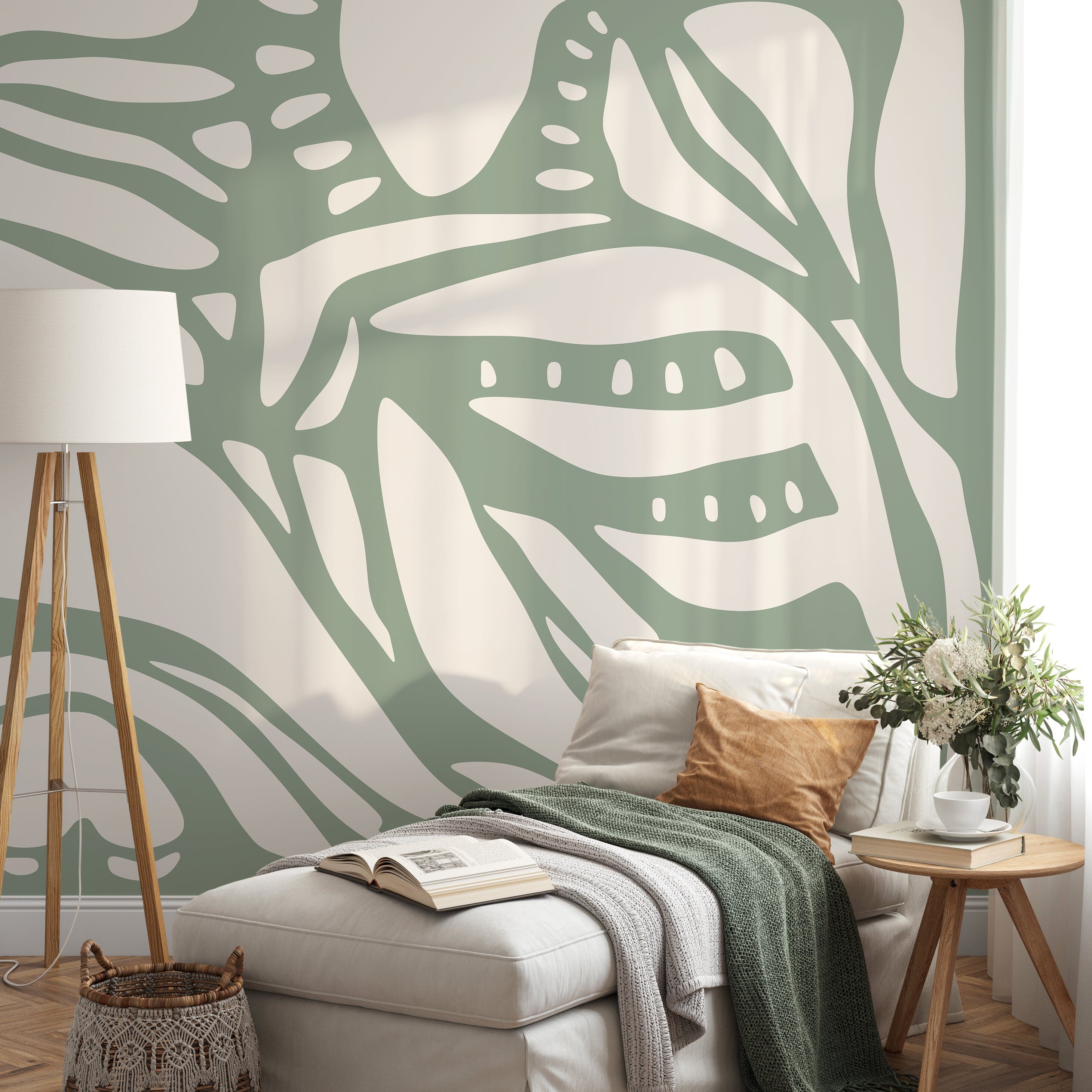 Abstract Wallpaper With Large Organic Forms In Light Green And White - D624