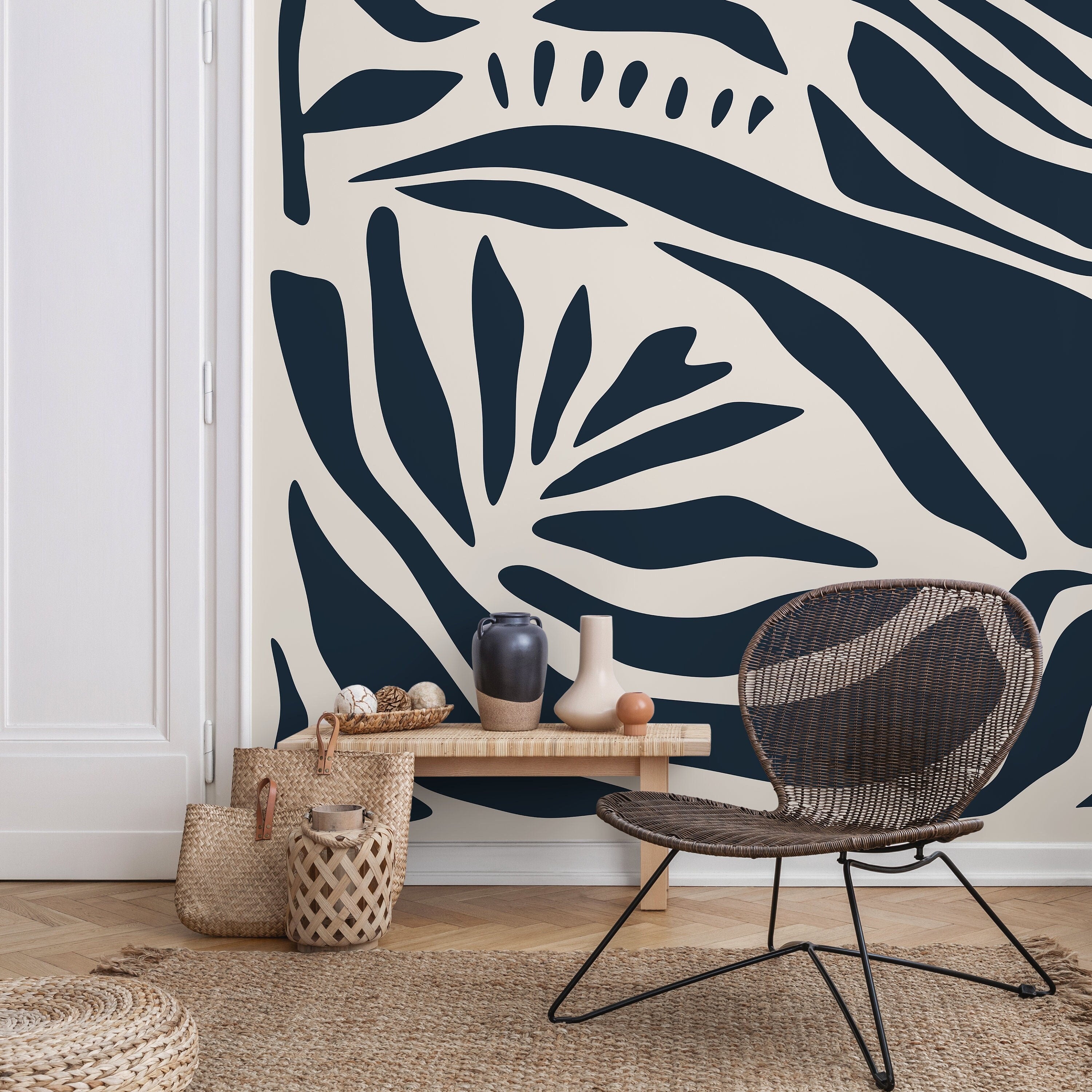Abstract Wallpaper With Bold Organic Shapes In Dark Blue And Cream - D625