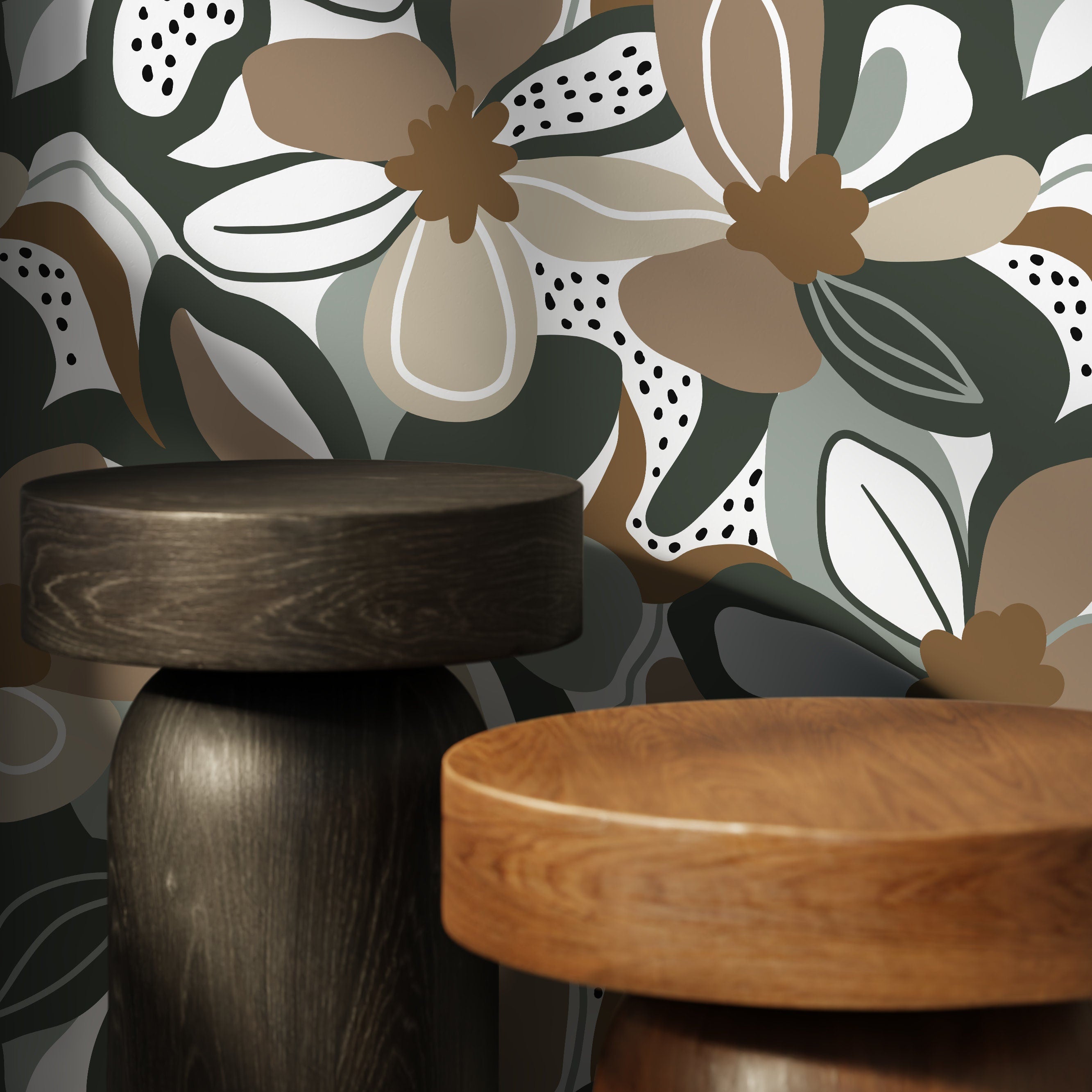 Floral Wallpaper With A Modern Abstract Motif In Taupe, Green, And Brown - D658