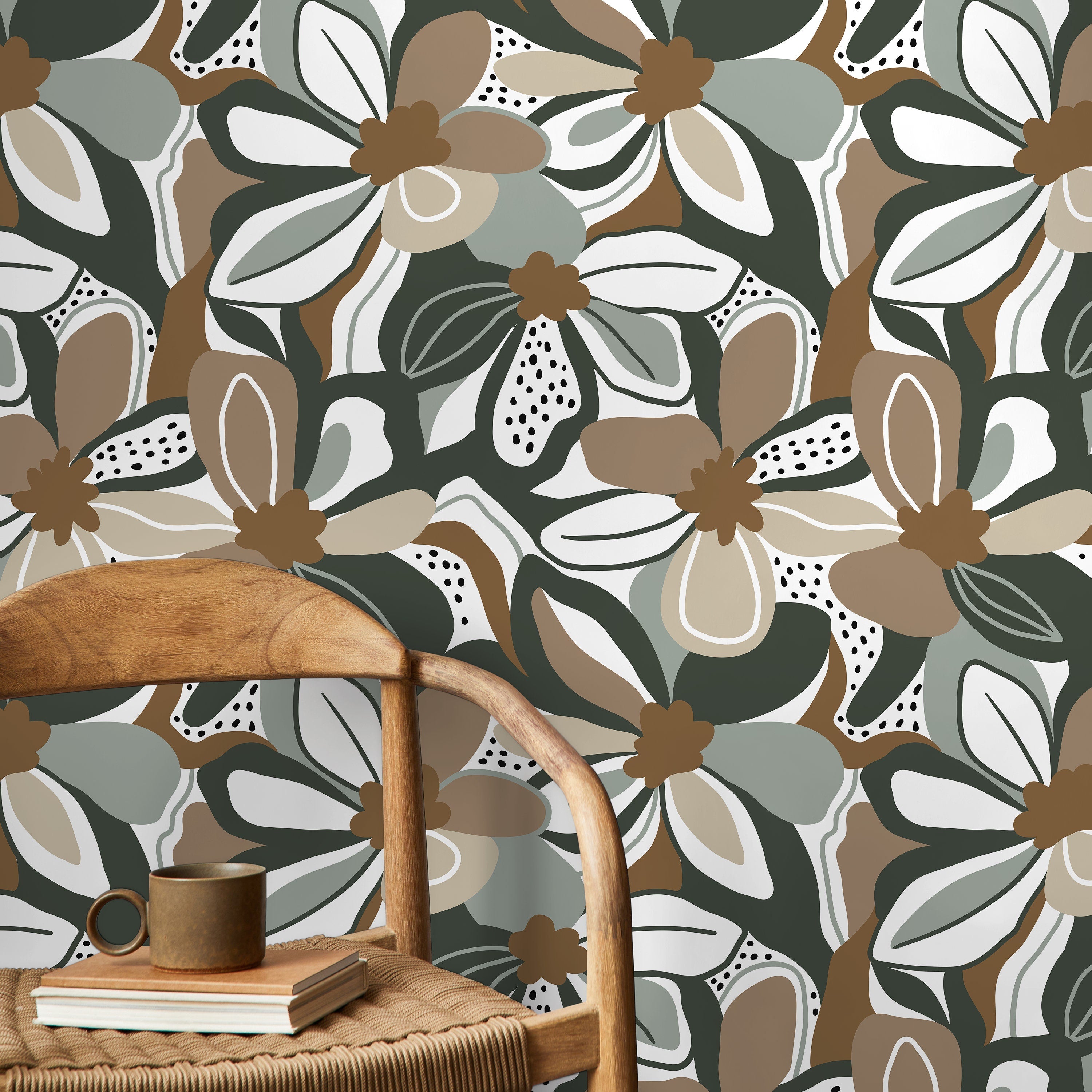Floral Wallpaper With A Modern Abstract Motif In Taupe, Green, And Brown - D658