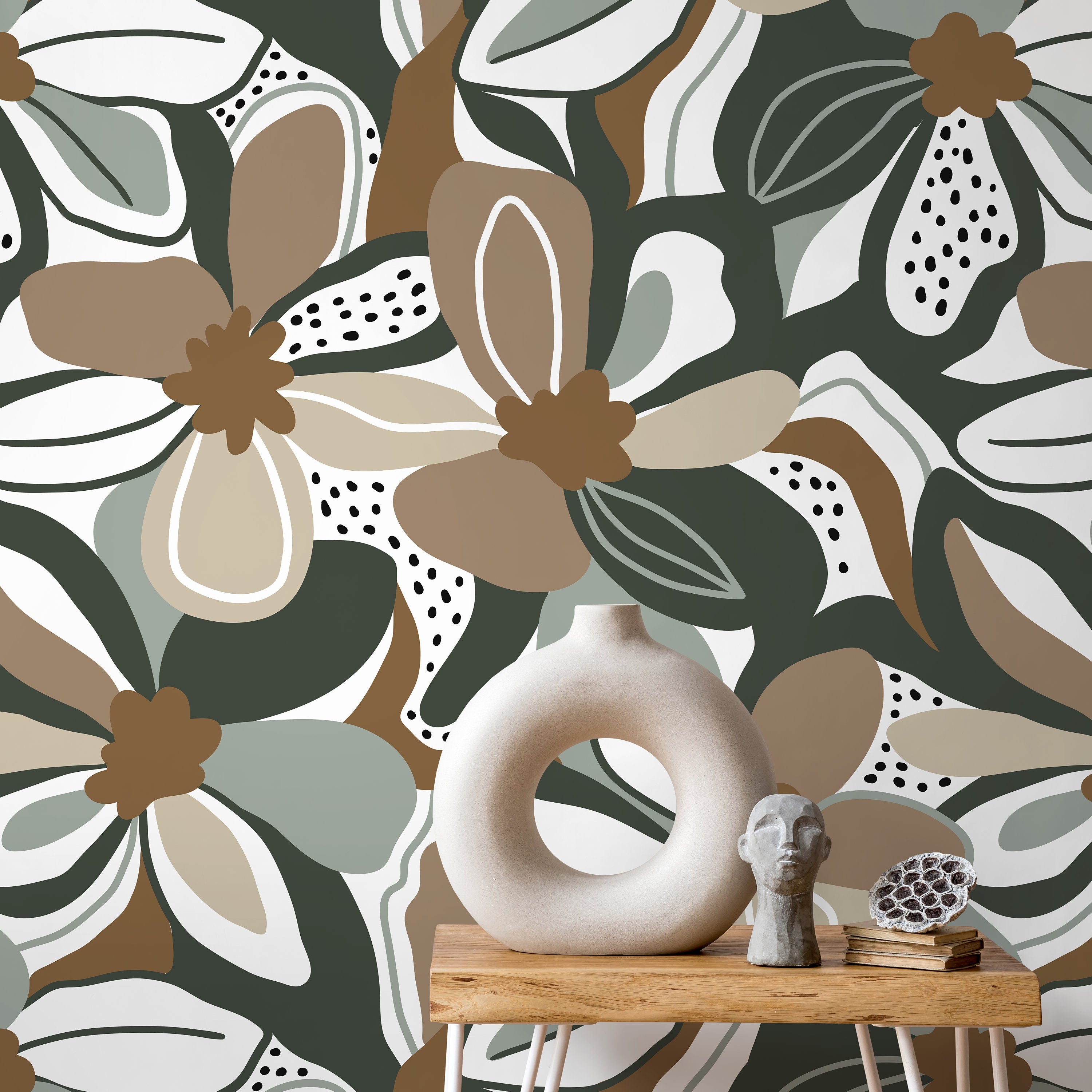 Floral Wallpaper With A Modern Abstract Motif In Taupe, Green, And Brown - D658