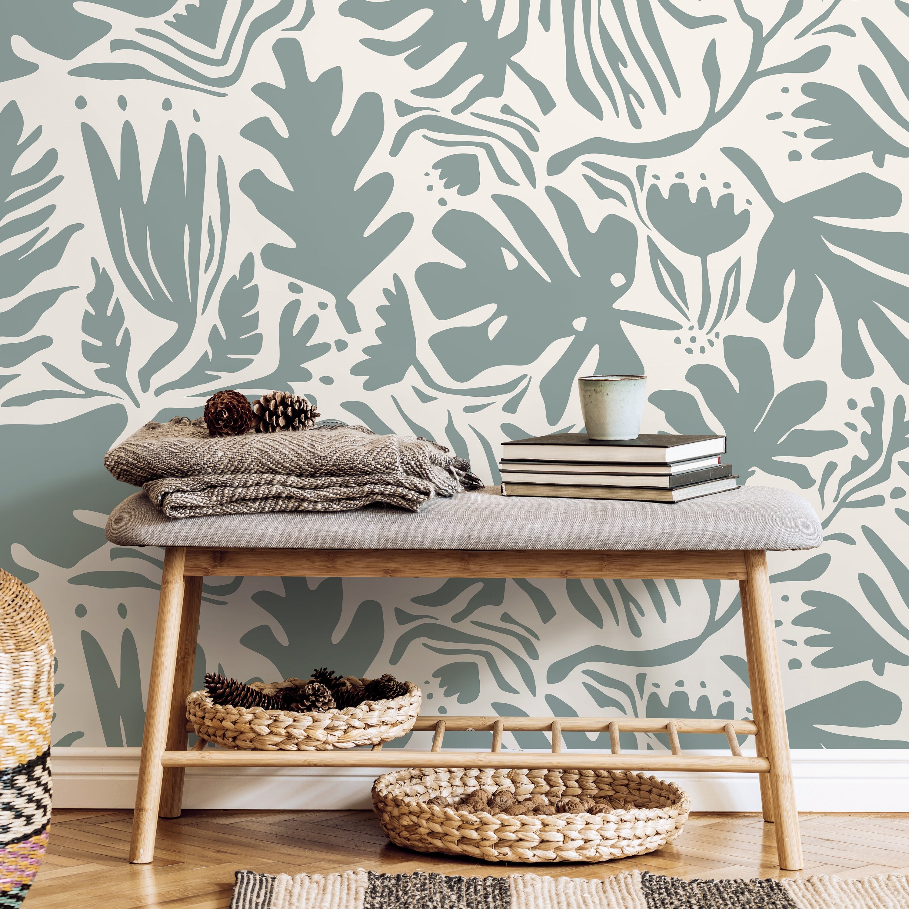 Abstract Wallpaper With A Matisse Inspired Botanical Motif In Sage Green - D664