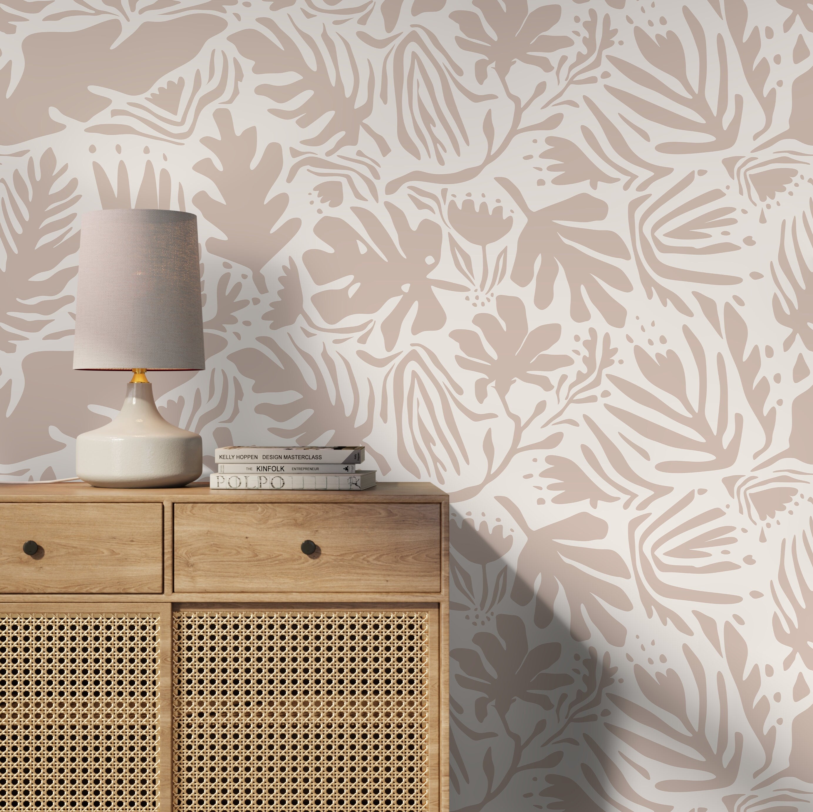 Abstract Wallpaper With A Boho Botanical Cutout Motif In Beige And Cream - D666