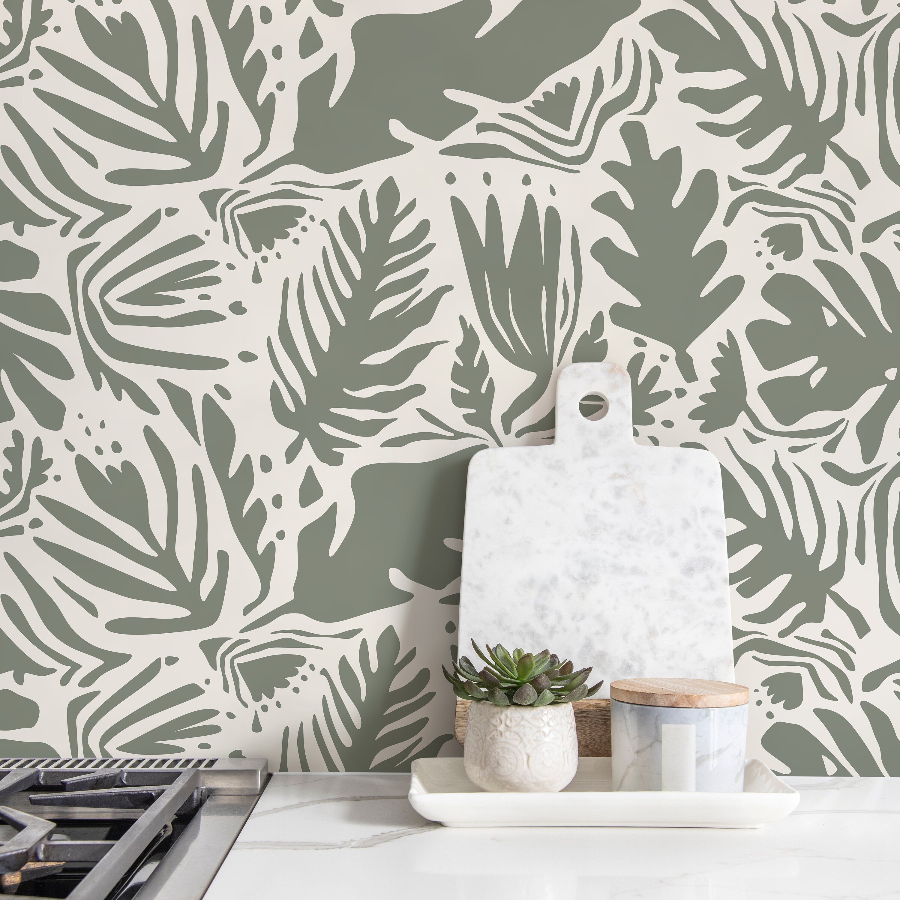 Abstract Wallpaper With A Matisse Inspired Leaf Motif In Sage Green - D668
