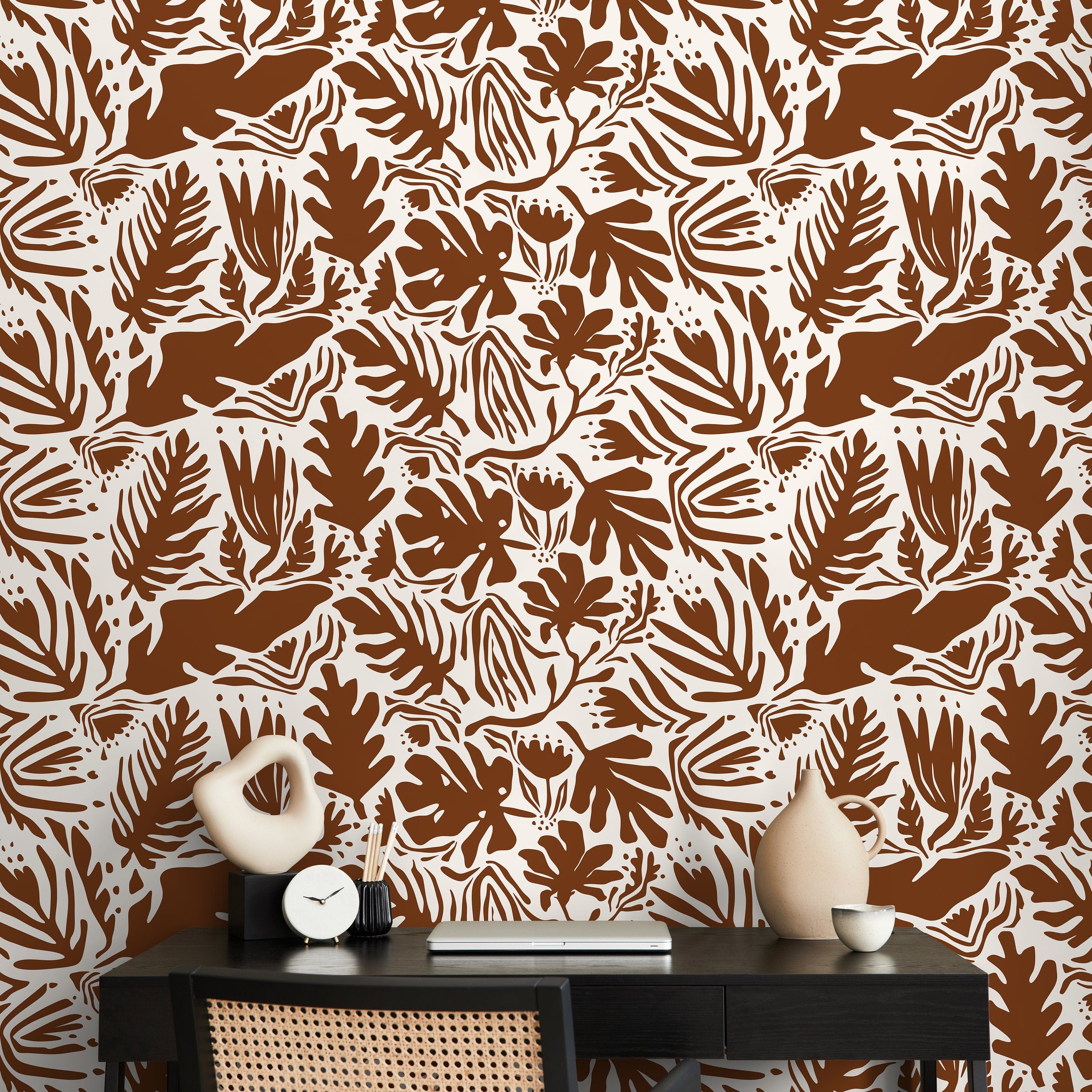 Abstract Wallpaper With Botanical Cutouts In Brown - D669