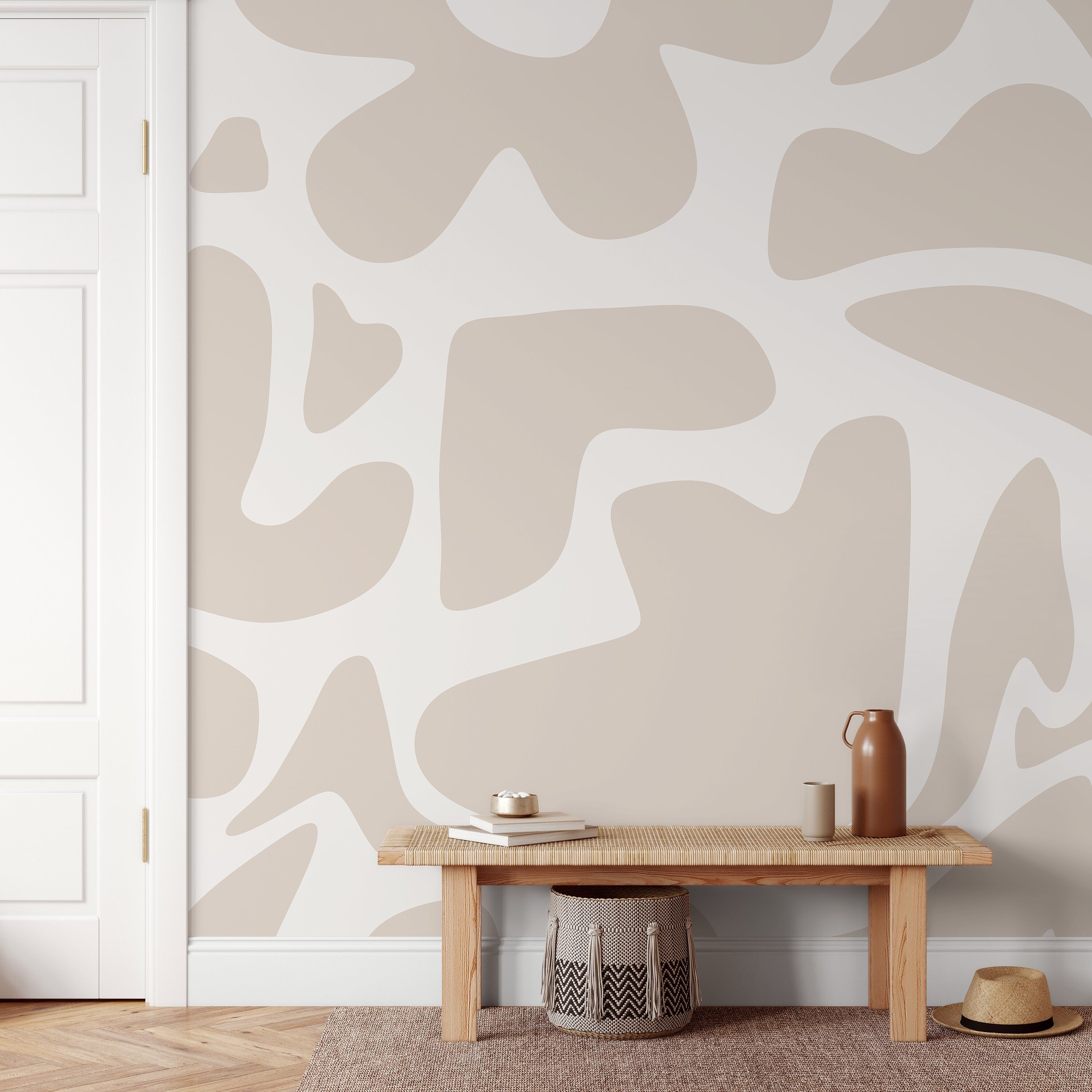 Abstract Wallpaper With A Boho Flora Motif In Beige And Off-white - D671