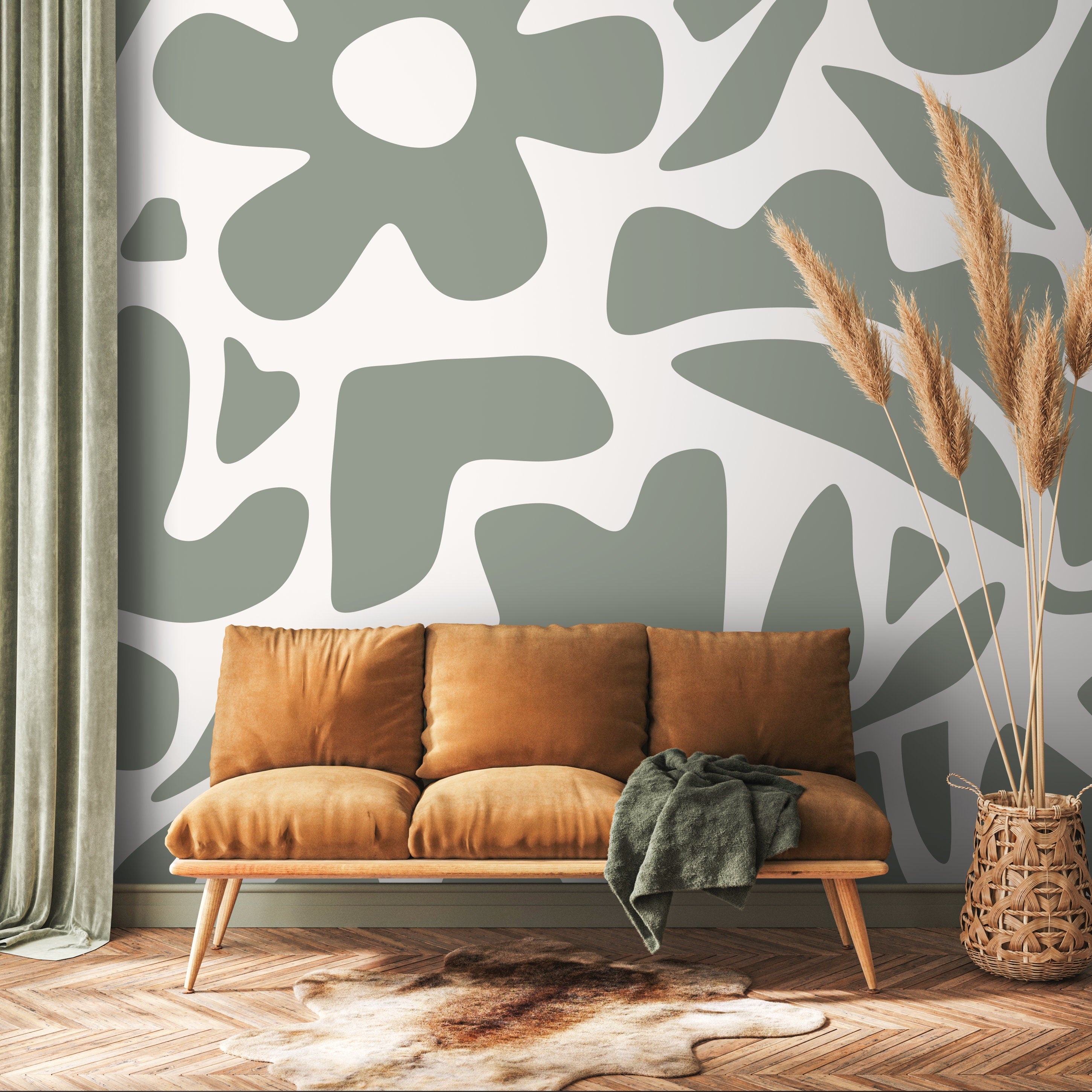 Abstract Wallpaper Featuring Bold Floral Shapes In Sage Green - D672