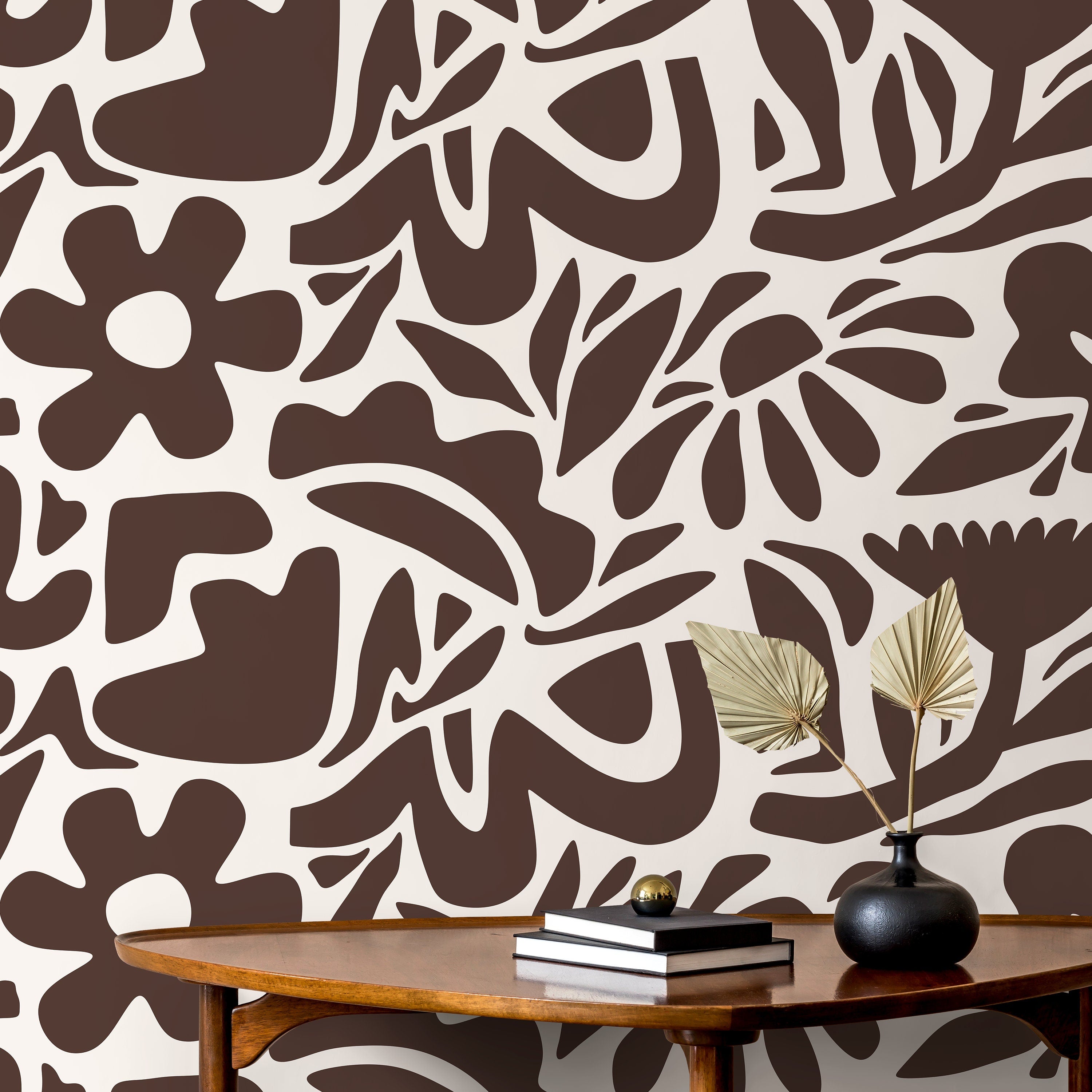 Abstract Floral Wallpaper With A Boho Botanical Motif In Brown And Cream - D673