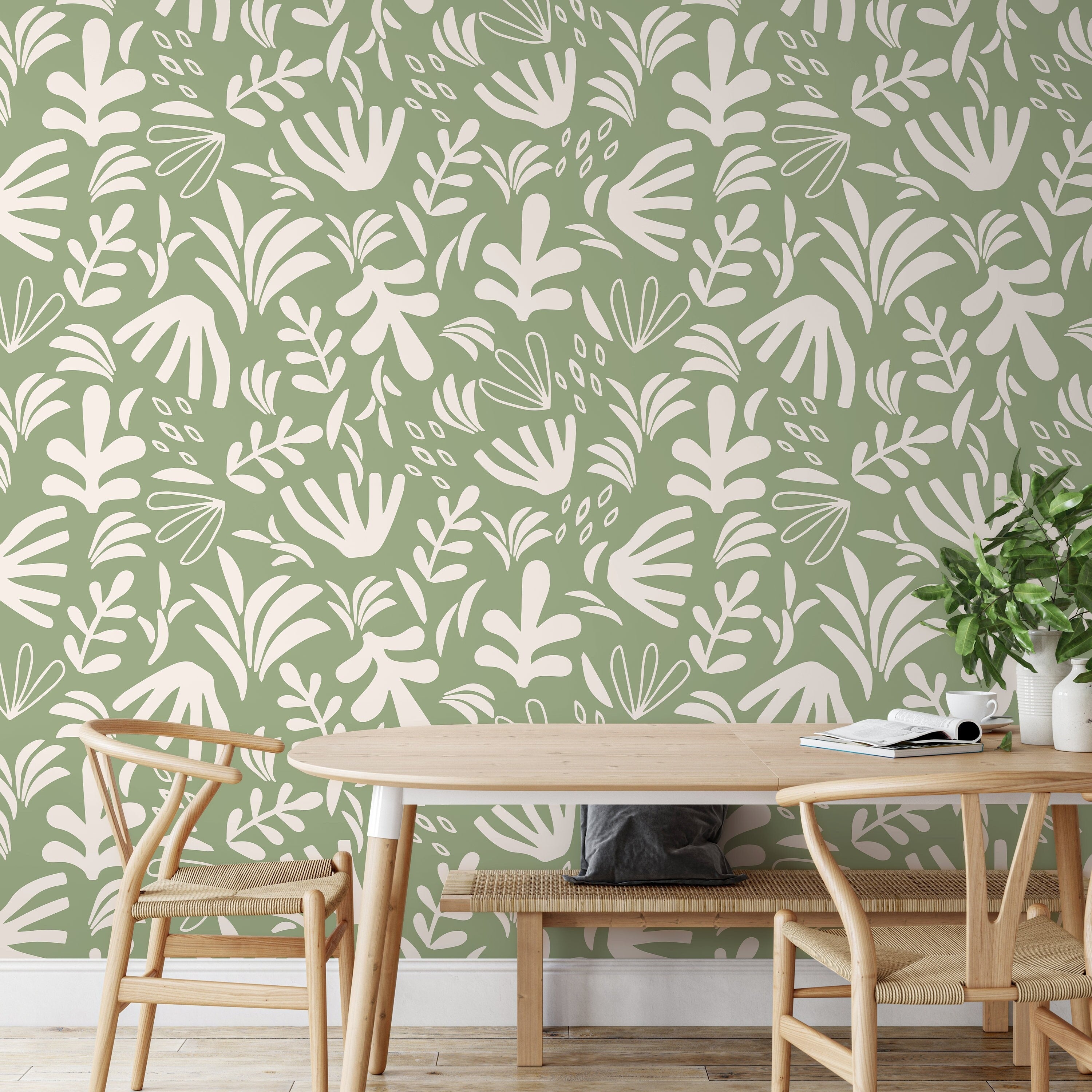 Botanical Wallpaper With Abstract Cutout Shapes In Green And Cream - D676