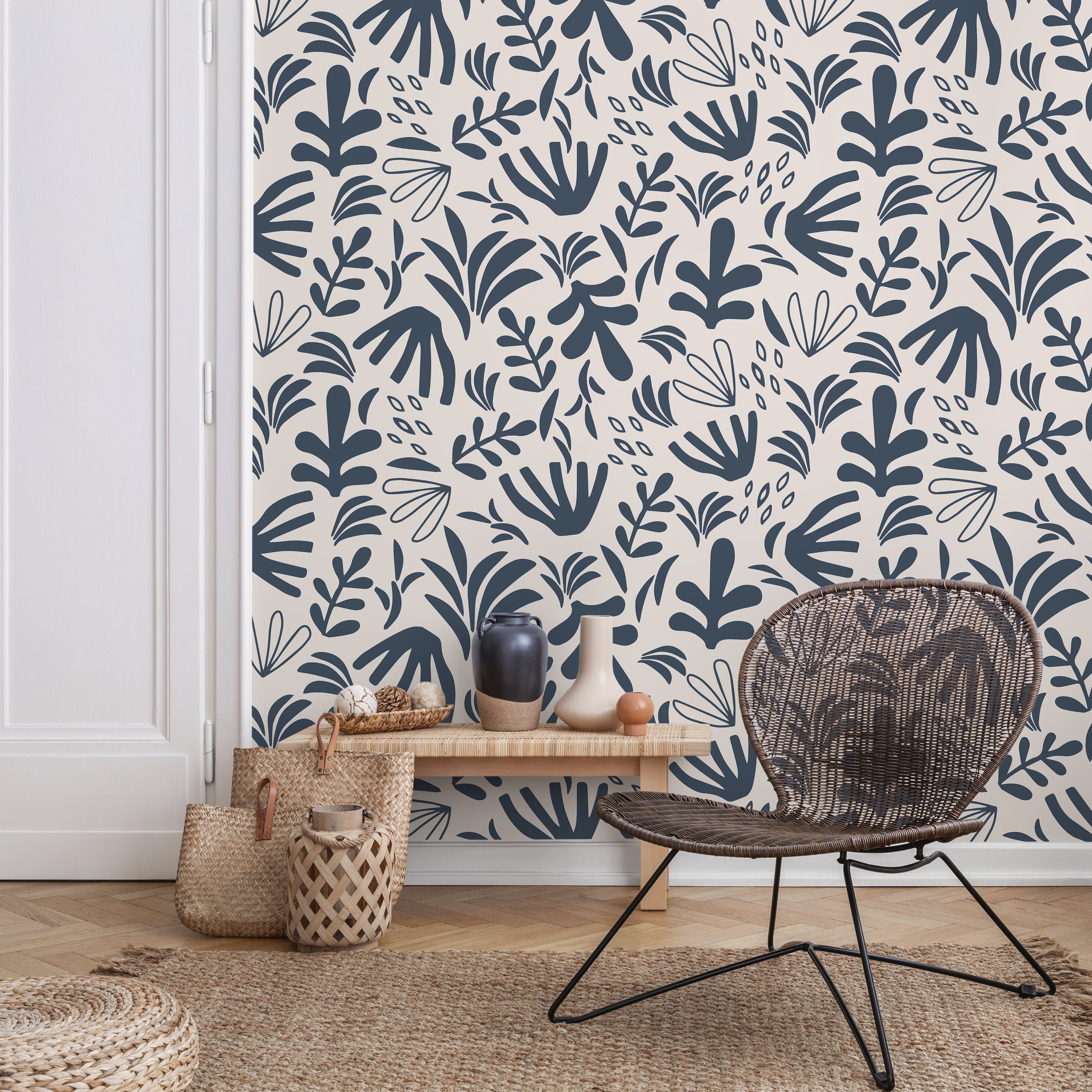 Abstract Wallpaper Featuring Botanical Shapes In Gray And White - D679