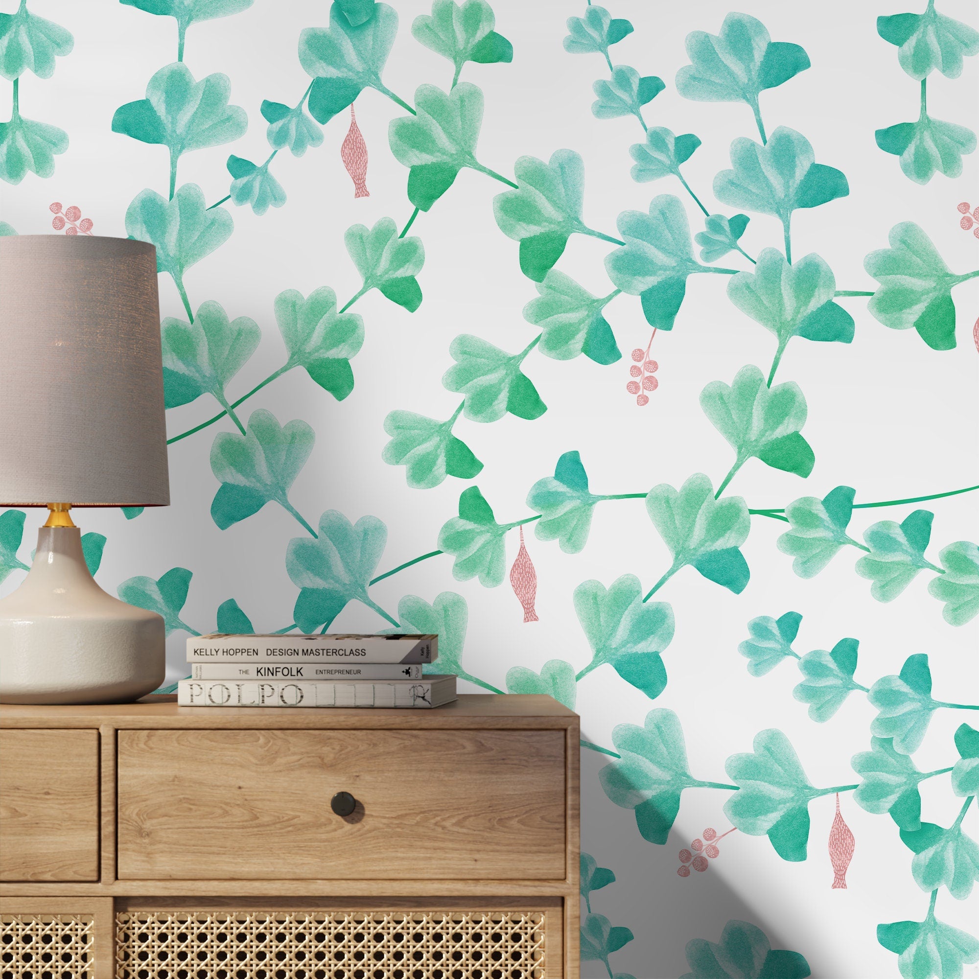 Botanical Wallpaper With A Whimsical Climbing Vine Motif In Green And Pink - X013