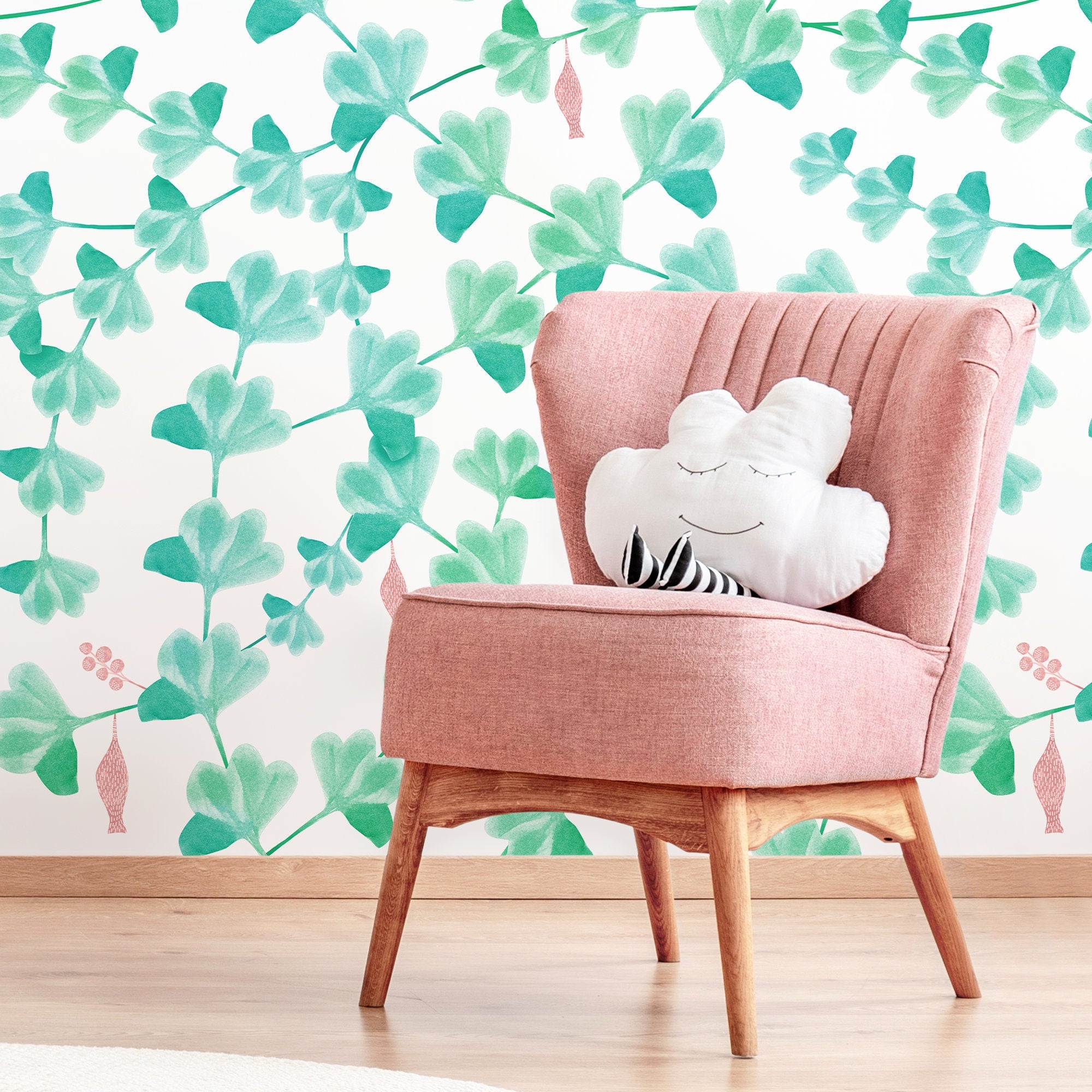 Botanical Wallpaper With A Whimsical Climbing Vine Motif In Green And Pink - X013