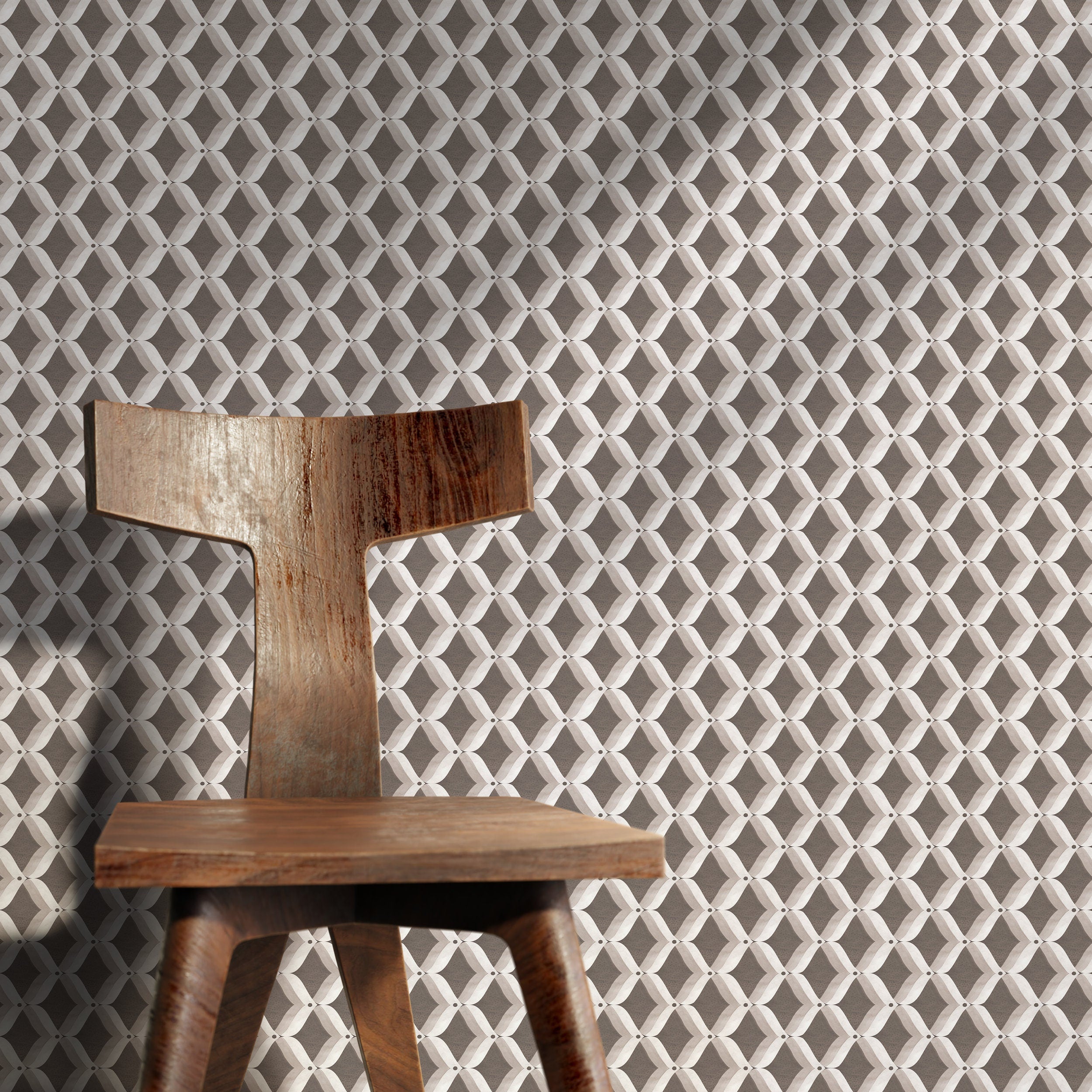 Geometric Wallpaper With A Wavy Lattice Motif In Brown And Gray - X022