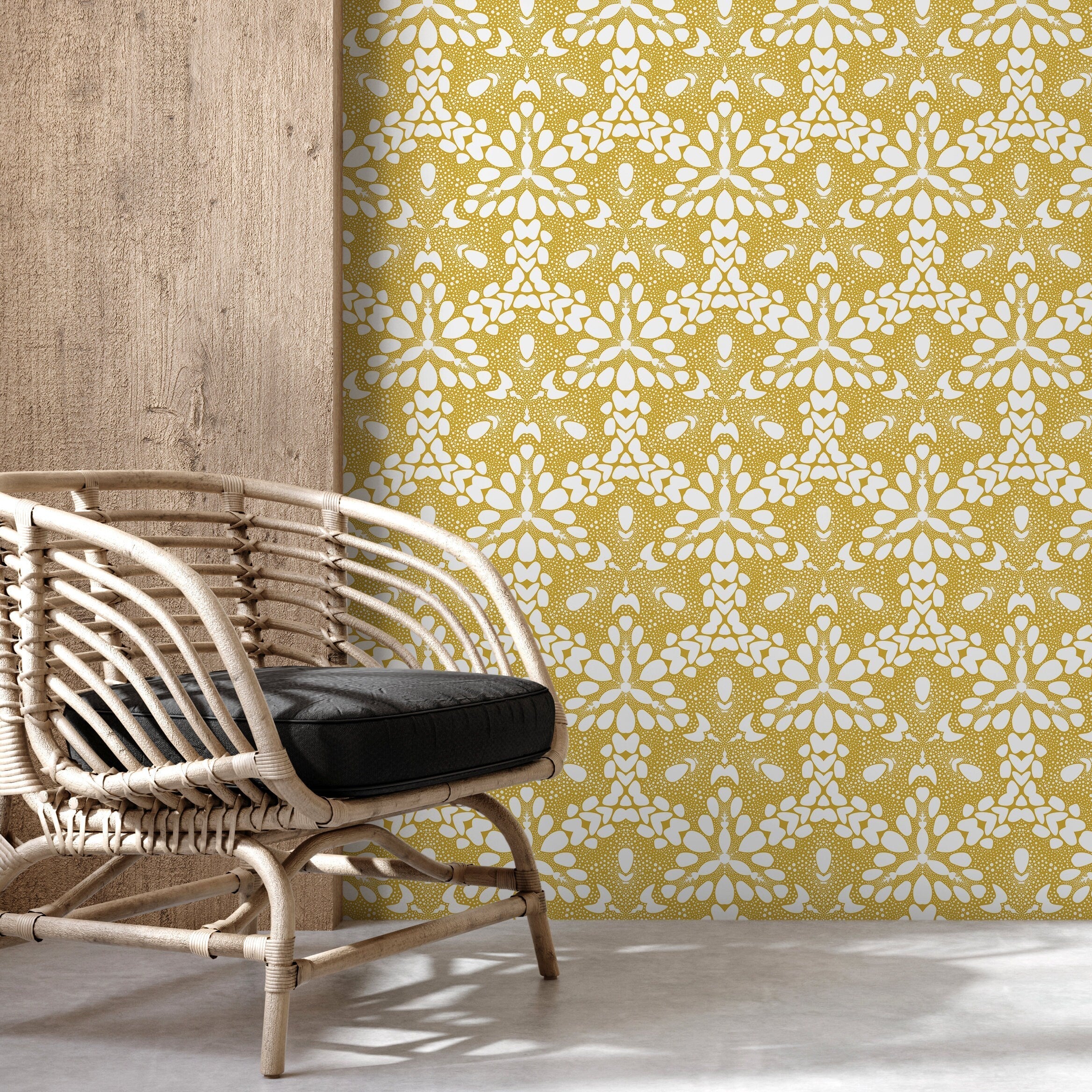 Art Deco Wallpaper With A Symmetrical Starburst Motif In Mustard Yellow - X029