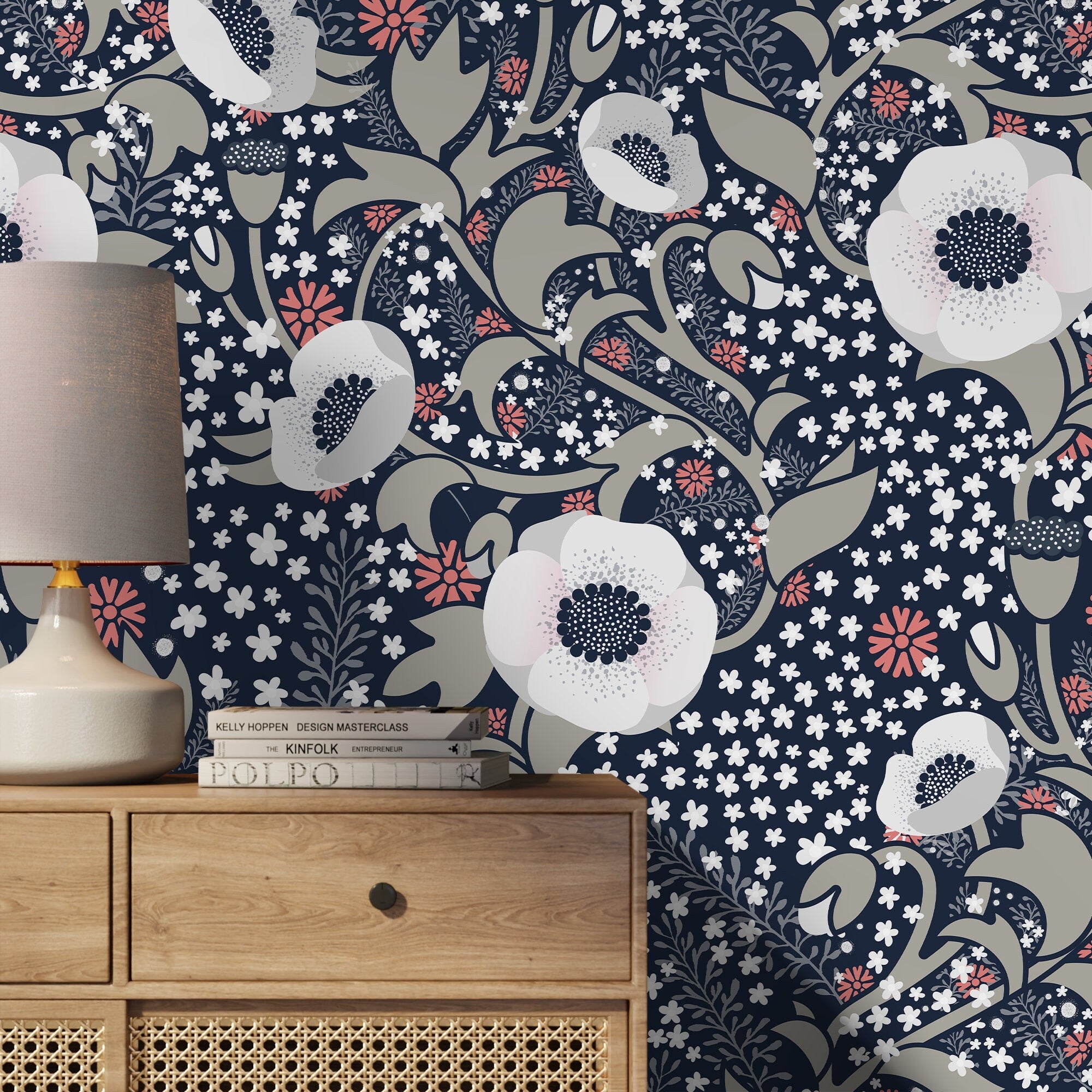 Floral Wallpaper With Stylized Anemones In Navy Blue, Coral, And Gray - X033