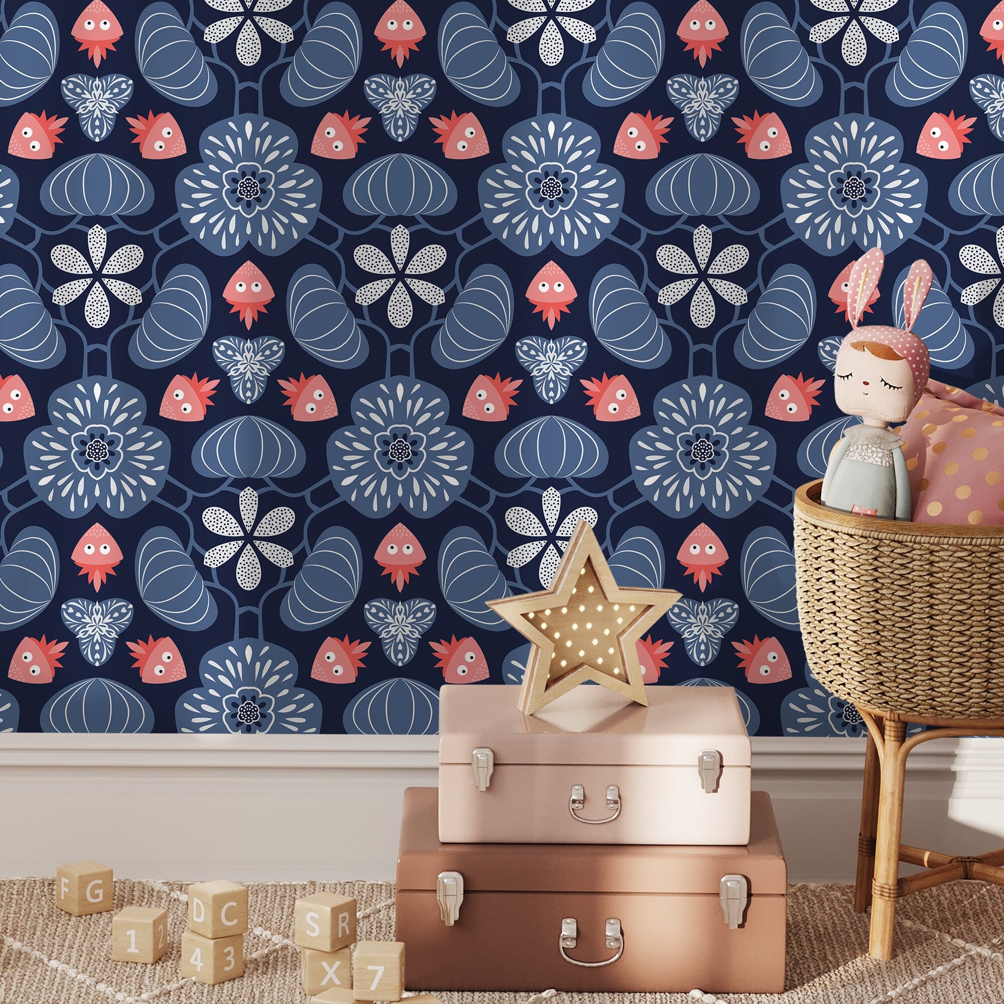Floral Wallpaper With Stylized Folk Blooms In Navy Blue, Light Blue, And Coral - X050