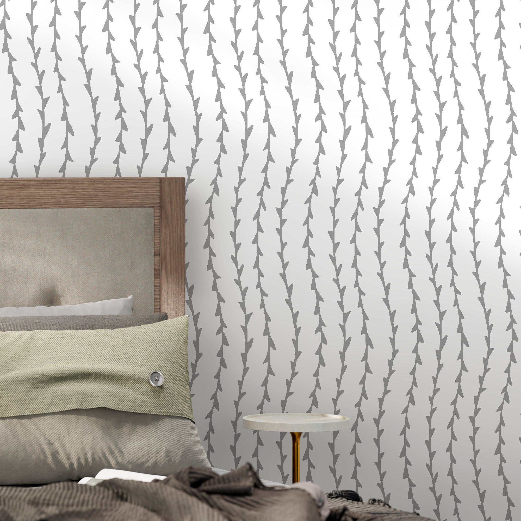 Botanical Wallpaper With A Minimalist Vine Stripe Motif In Grey - X055