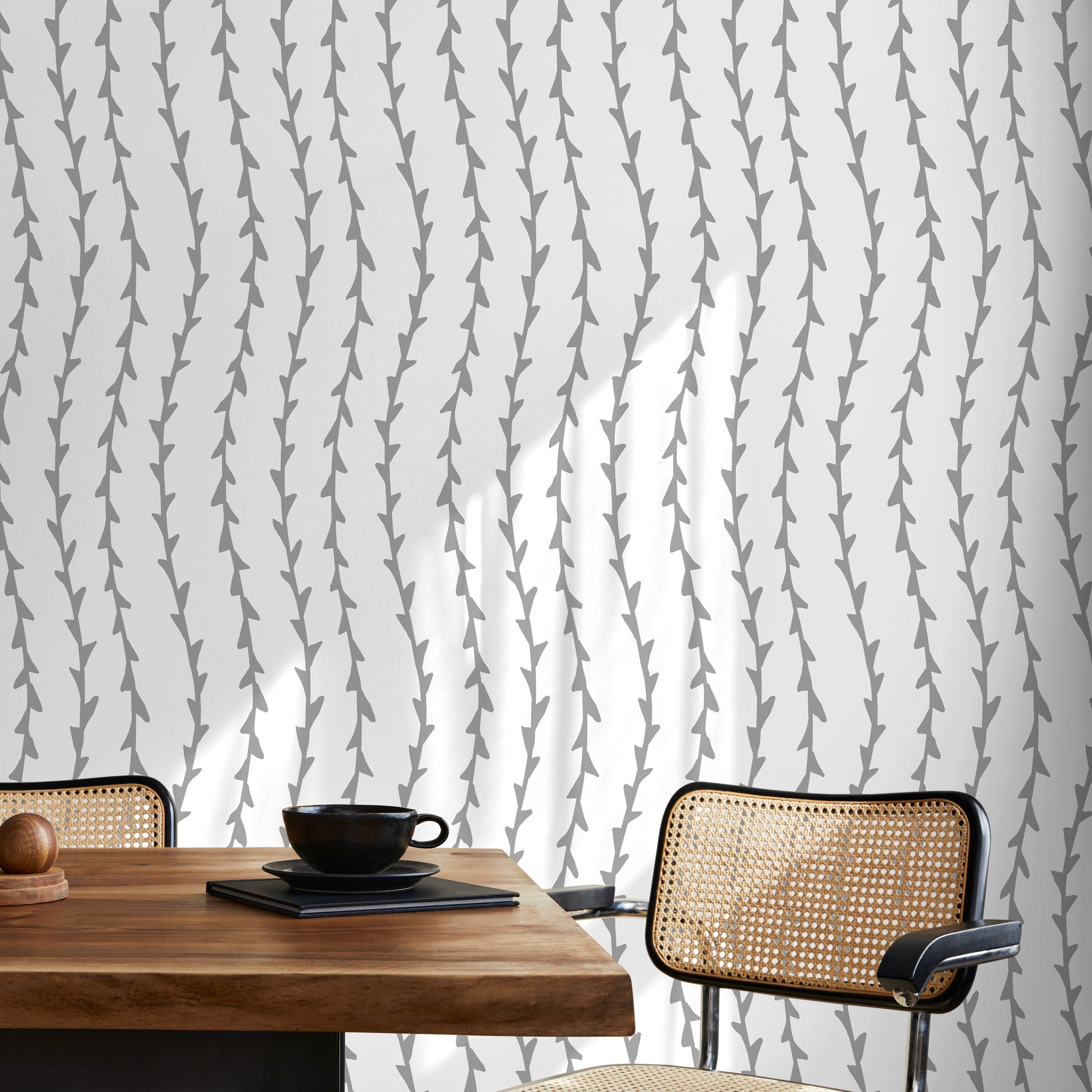 Botanical Wallpaper With A Minimalist Vine Stripe Motif In Grey - X055