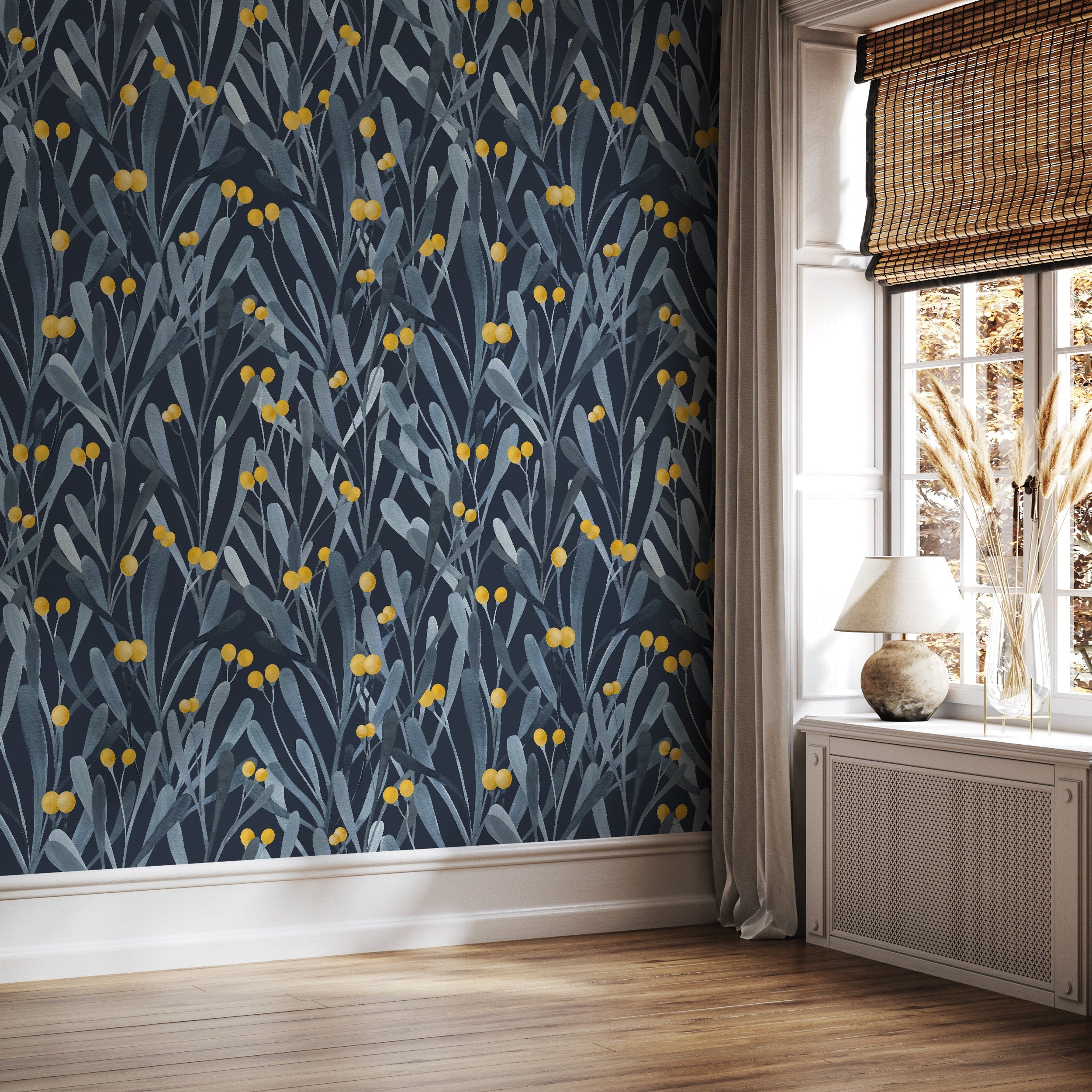 Botanical Wallpaper With Watercolor Leaves And Berries In Blue, Gray, And Yellow - X060