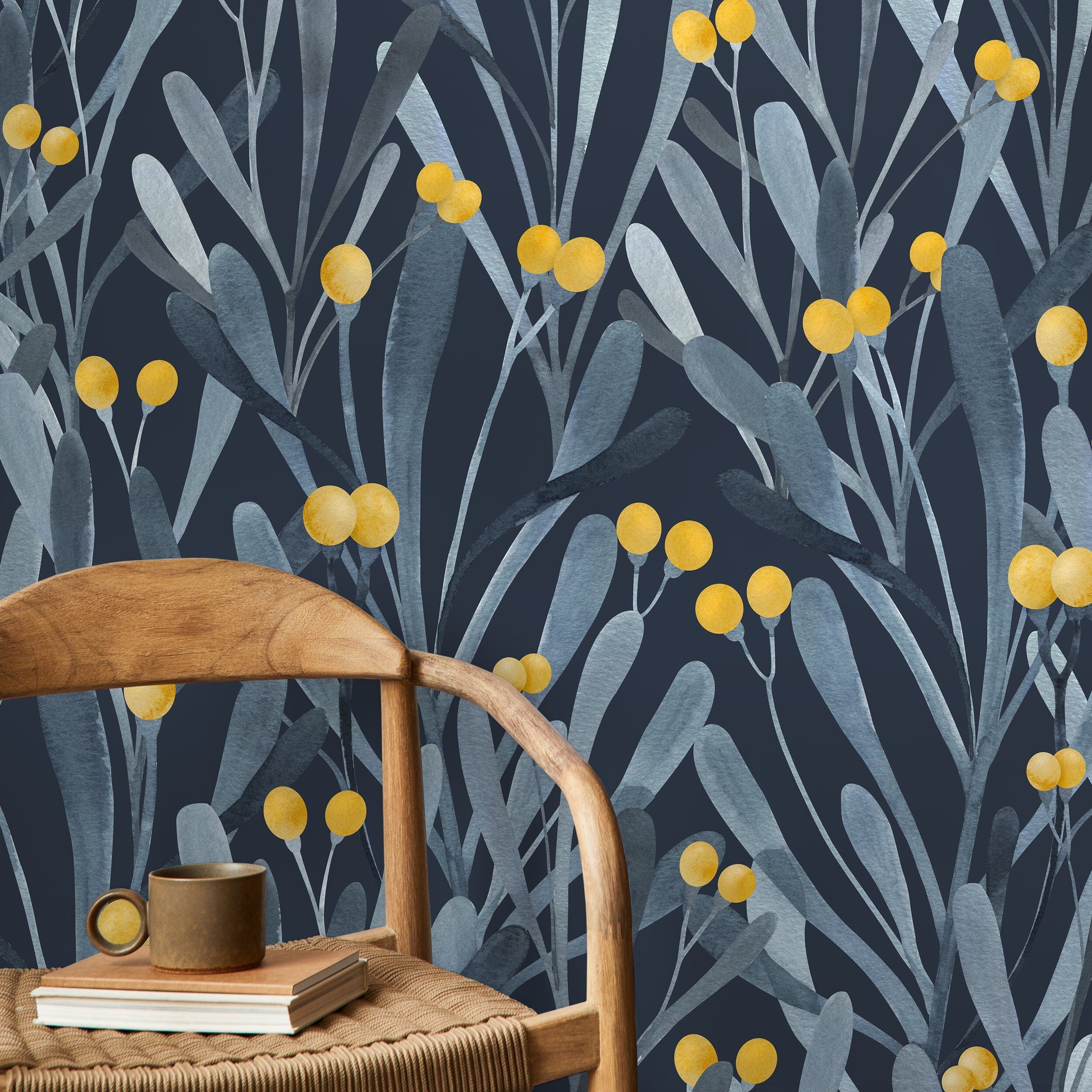 Botanical Wallpaper With Watercolor Leaves And Berries In Blue, Gray, And Yellow - X060