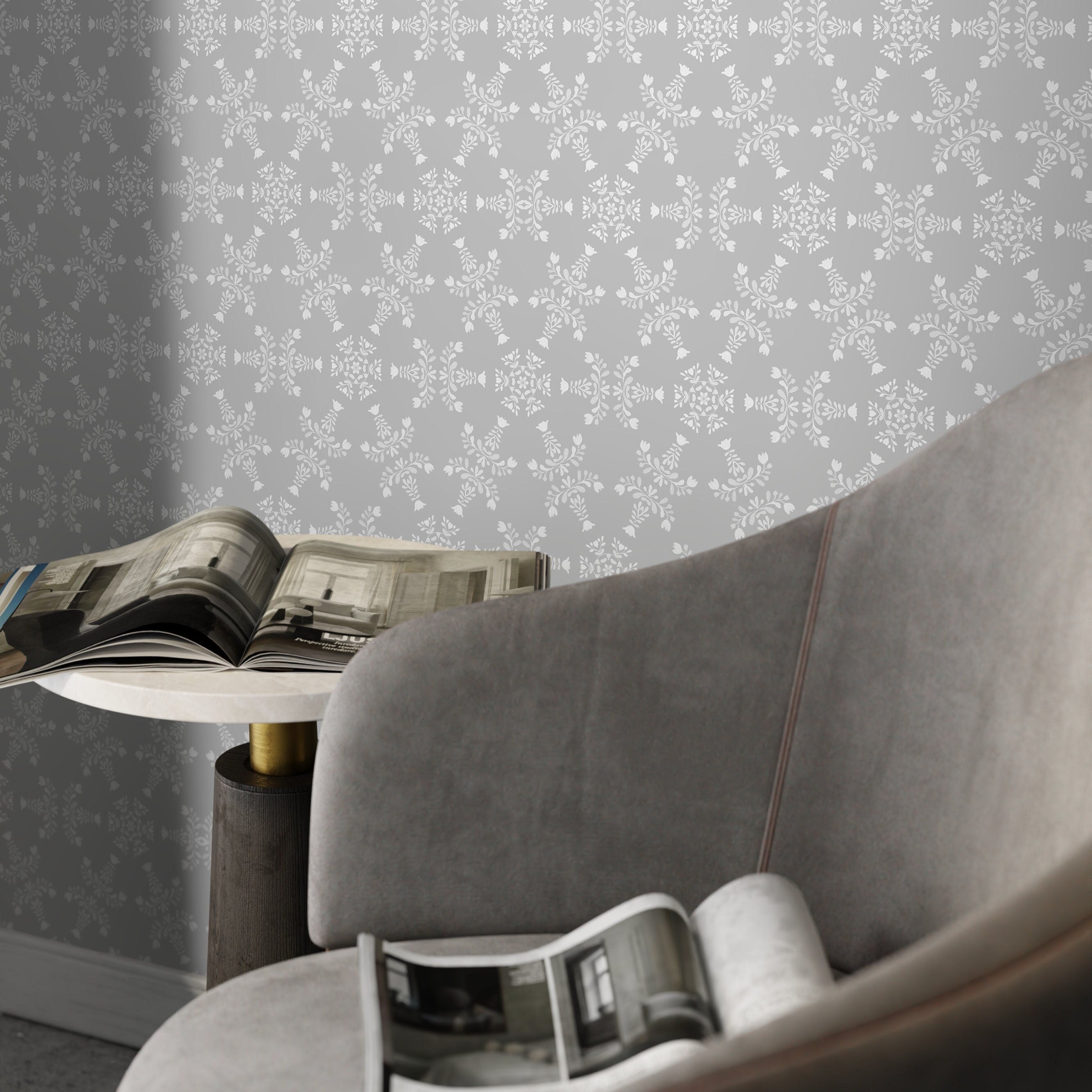 Damask Wallpaper With A Scandinavian Folk Art Motif In Gray And White - X063