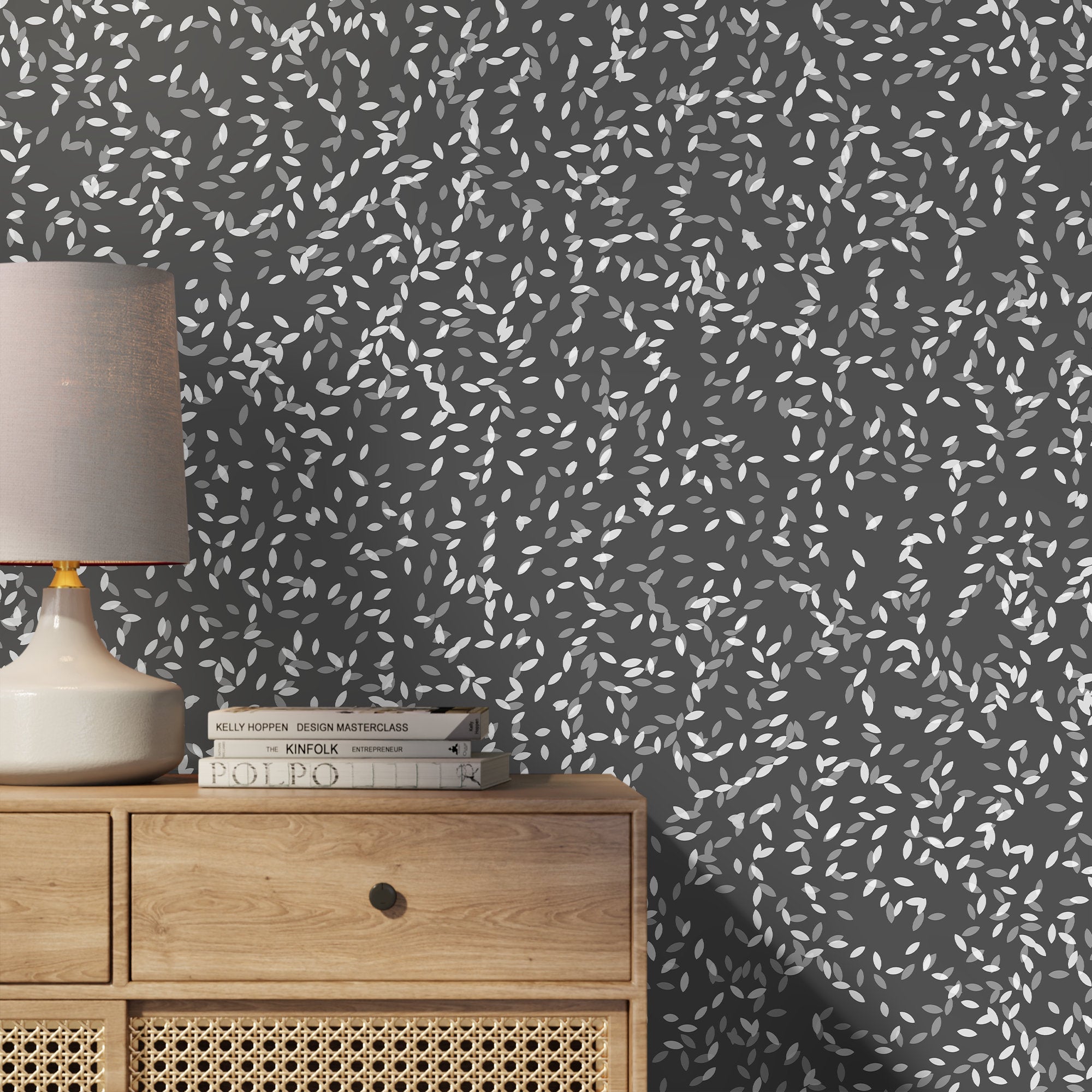 Foliage Wallpaper With A Scattered Leaf Motif In White And Gray - X074
