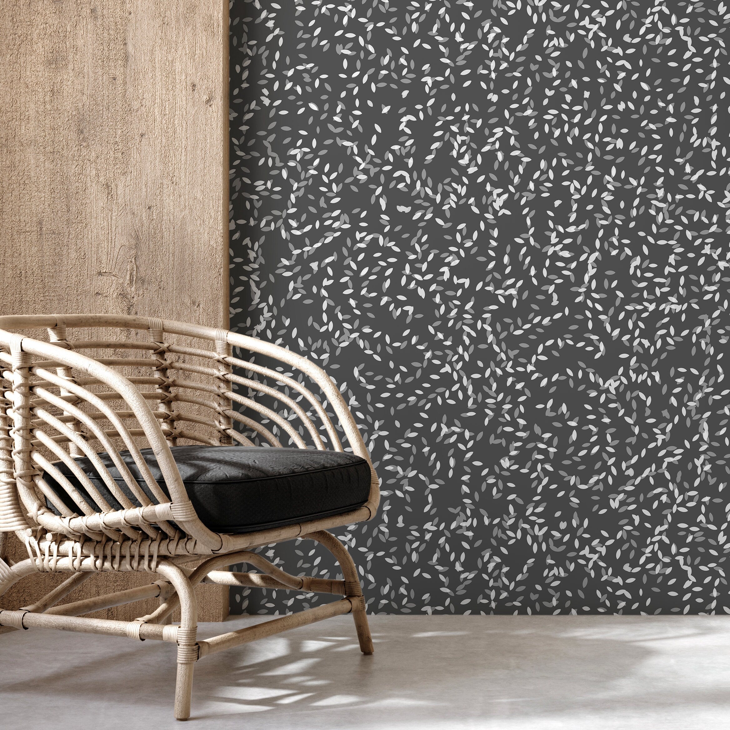 Foliage Wallpaper With A Scattered Leaf Motif In White And Gray - X074