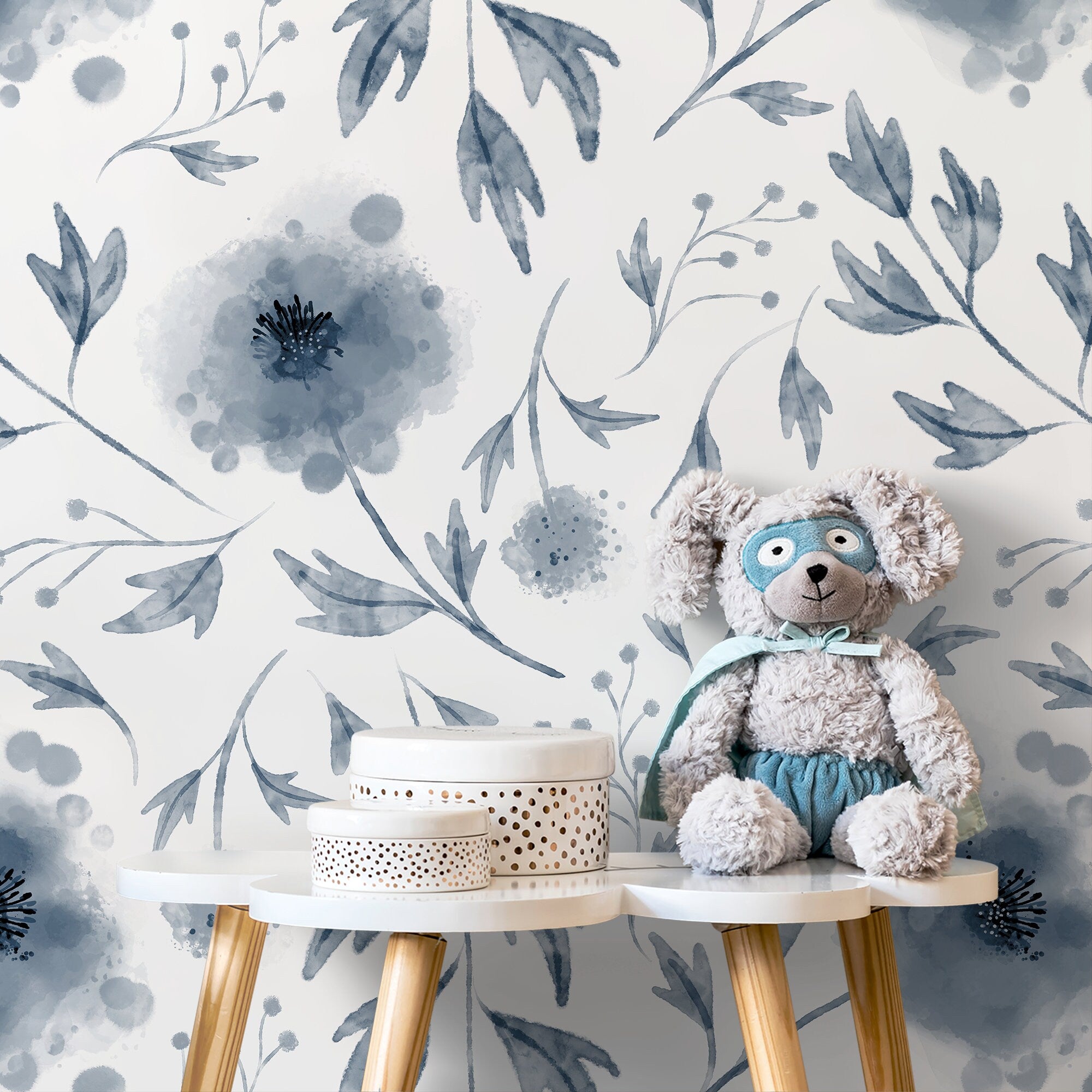 Floral Wallpaper With Delicate Watercolor Poppies In Blue And Black - X125