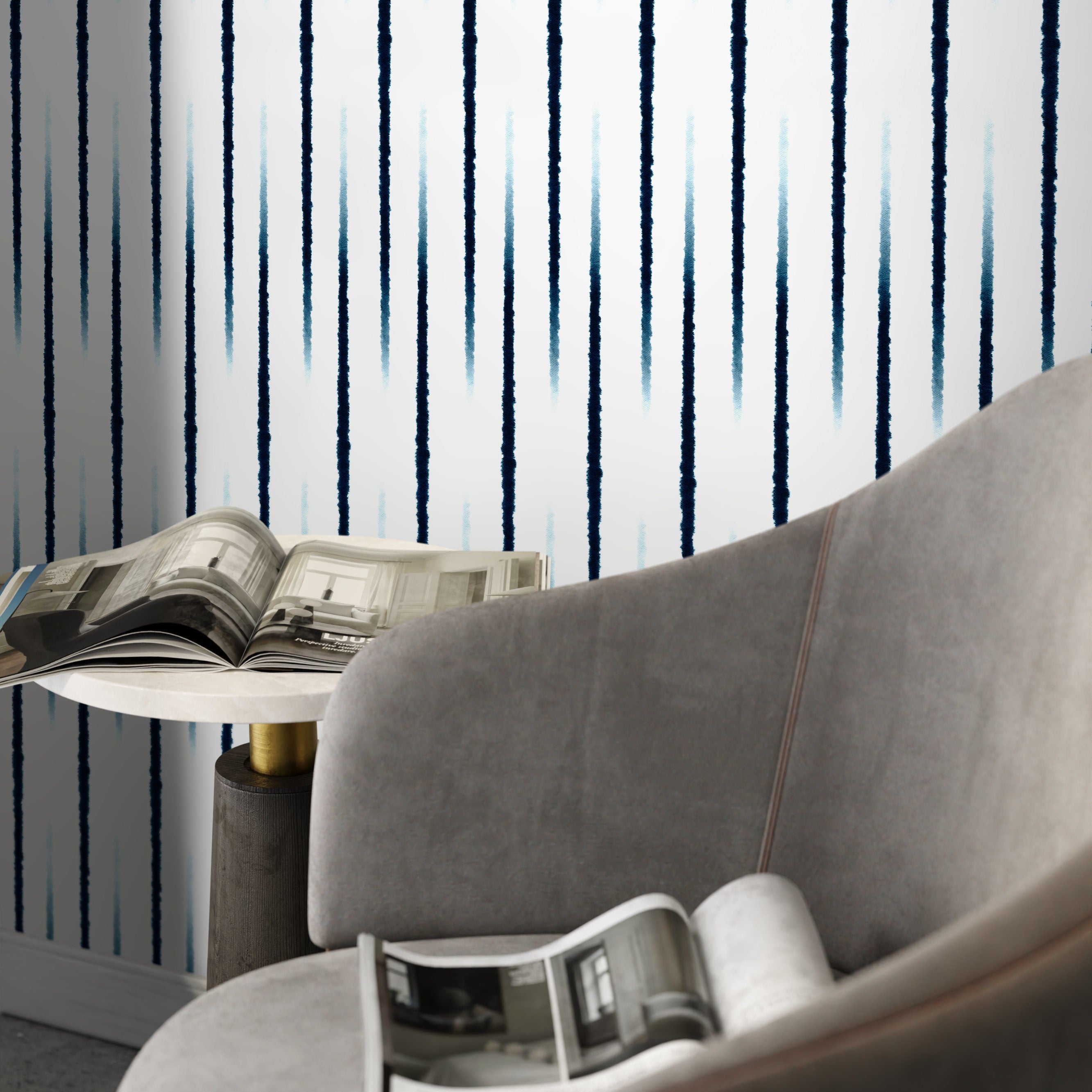 Striped Wallpaper With Tie-dye Vertical Lines In Navy And Blue - X141