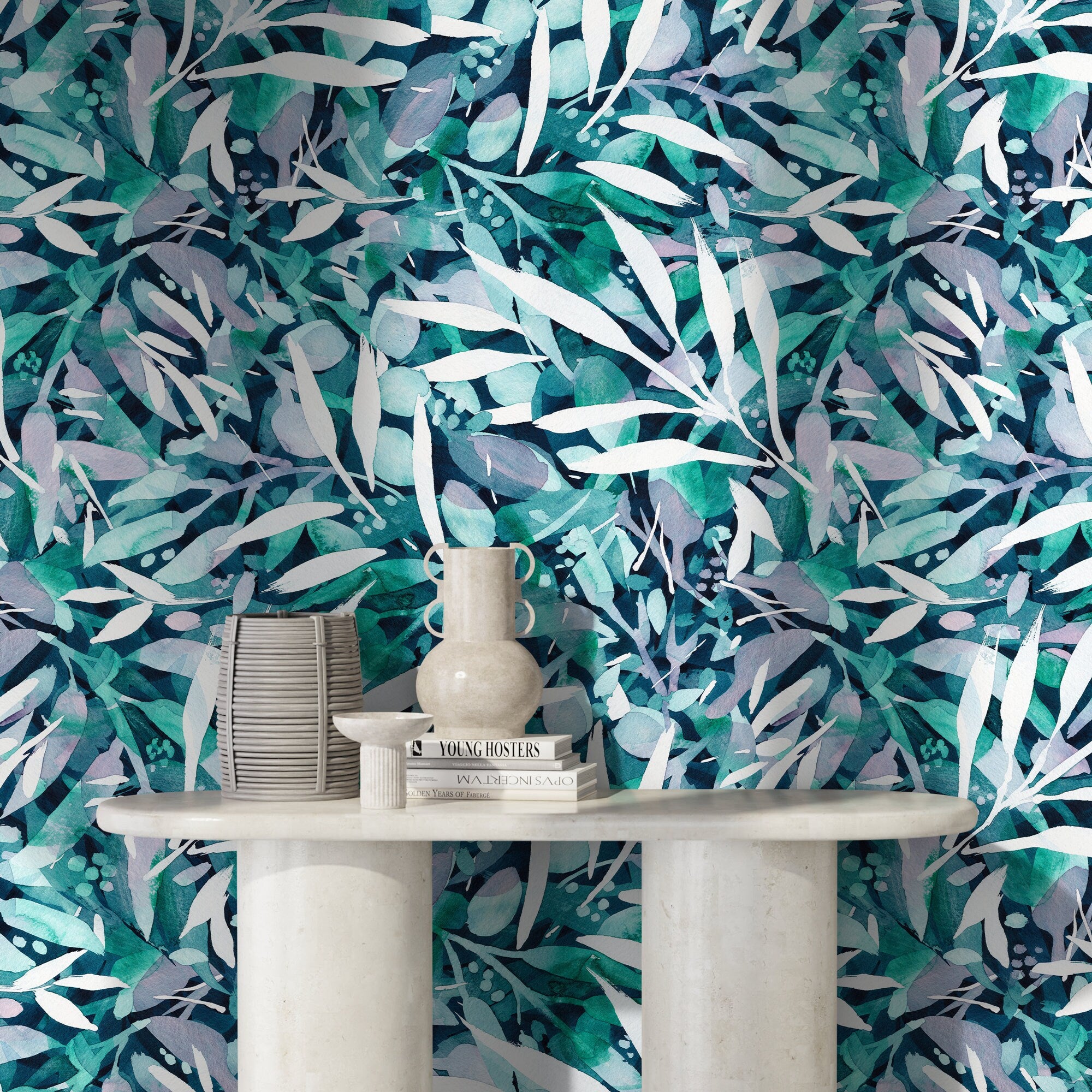 Abstract Botanical Wallpaper With Painterly Leaves In Teal, Green, And Lavender - X150