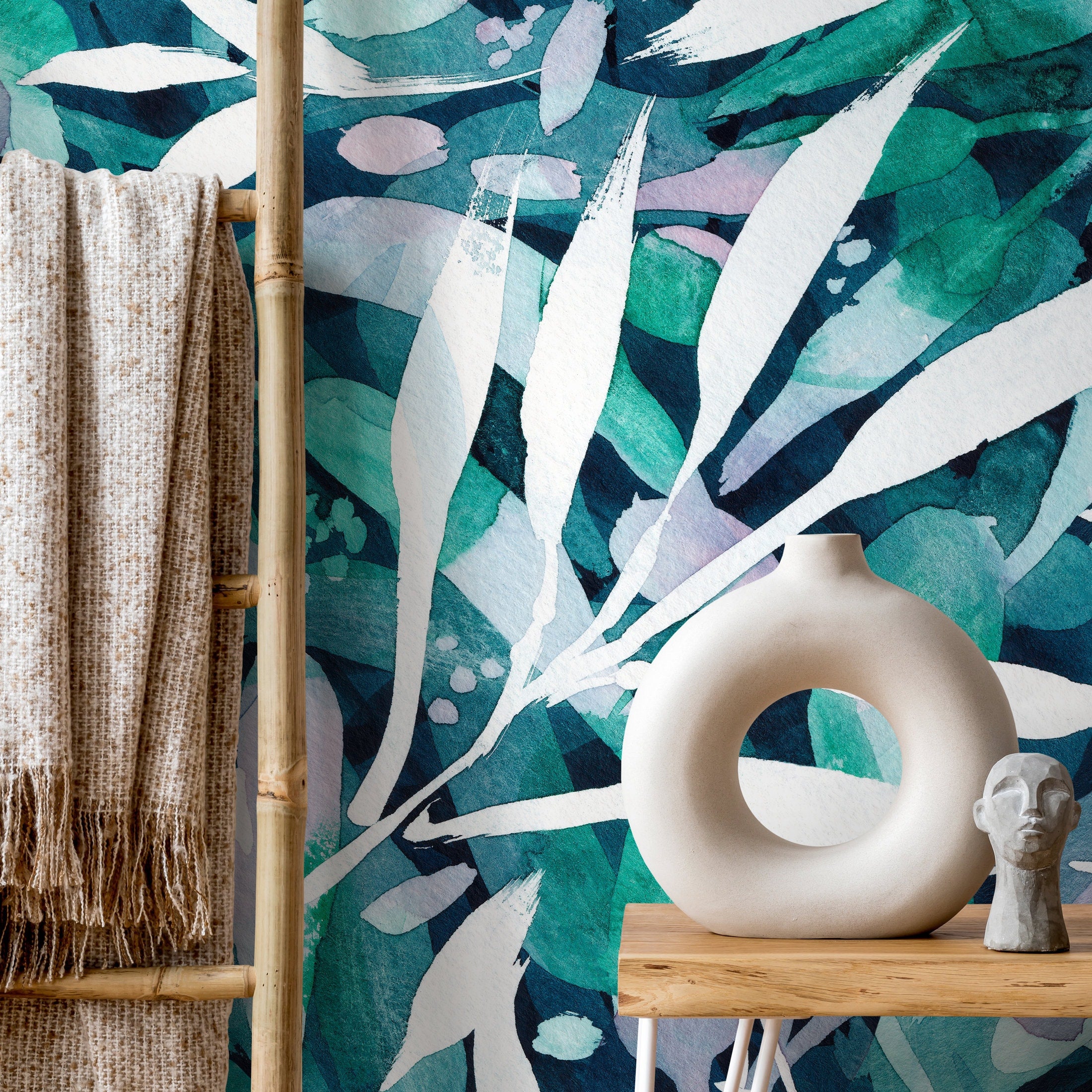 Abstract Botanical Wallpaper With Painterly Leaves In Teal, Green, And Lavender - X150