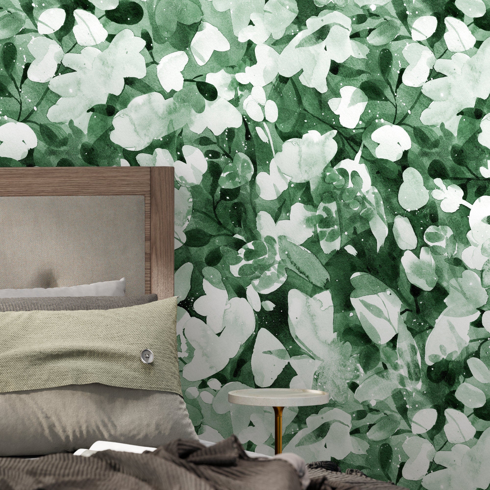 Watercolor Wallpaper With Abstract Botanical Leaves In Green And White - X152