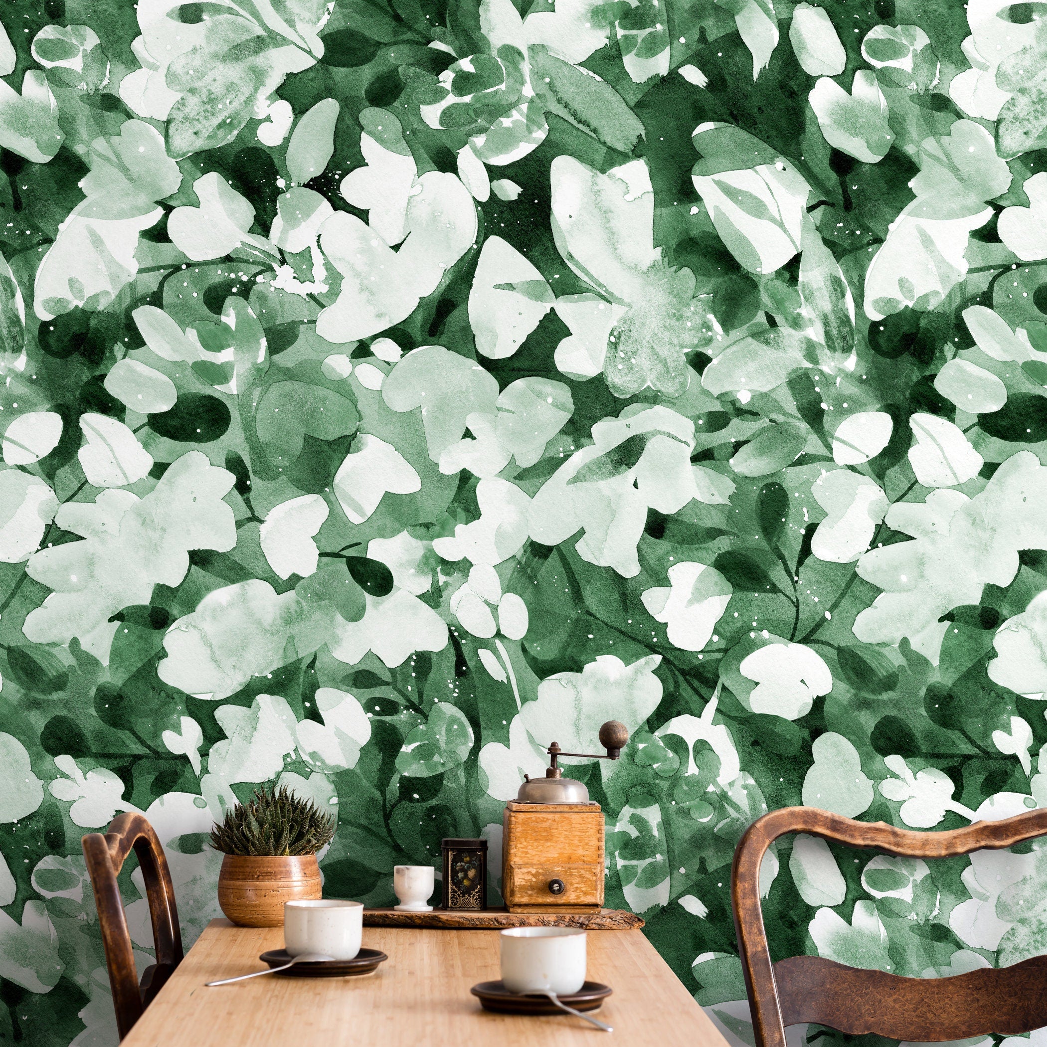 Watercolor Wallpaper With Abstract Botanical Leaves In Green And White - X152