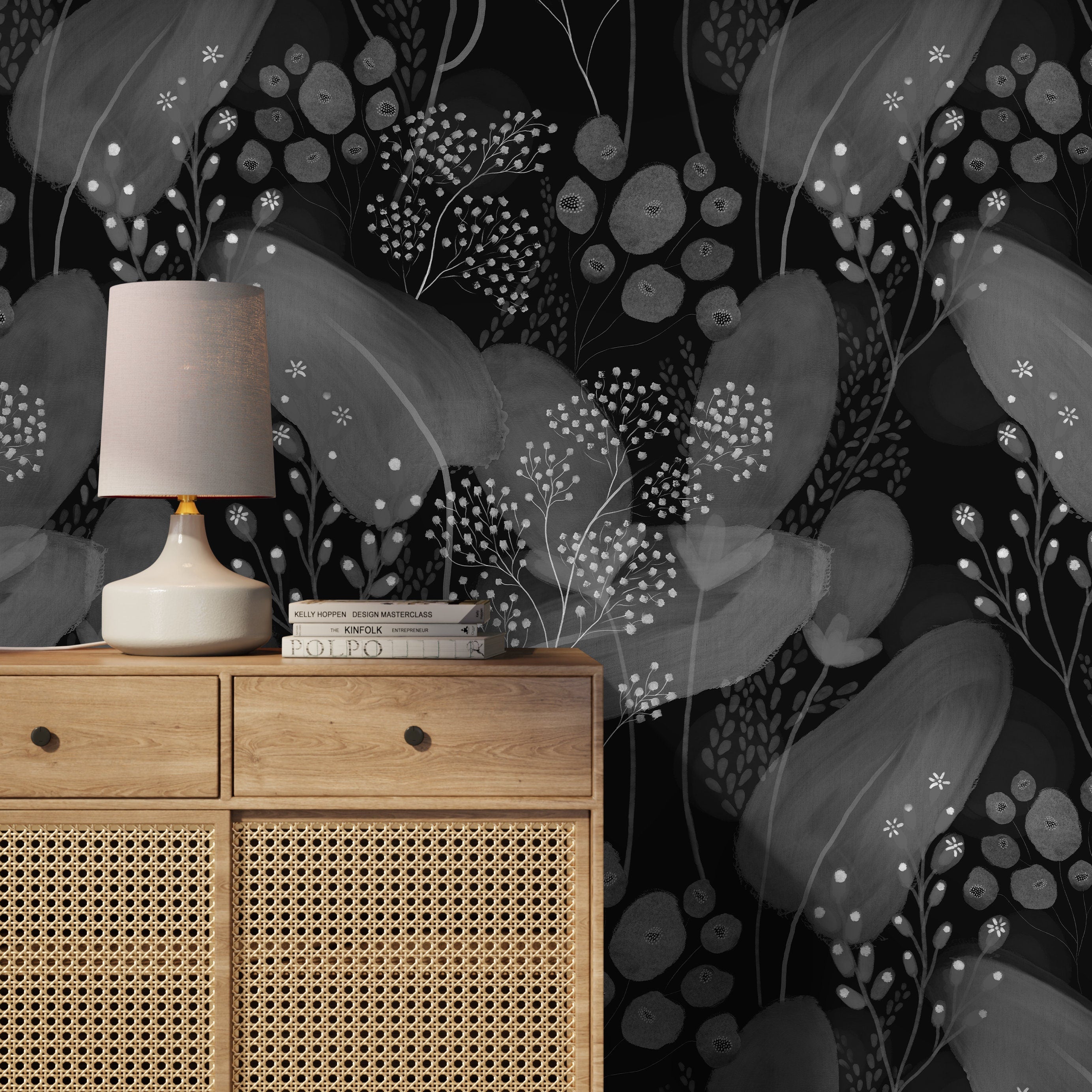 Floral Wallpaper Featuring Abstract Botanicals In Black, Gray, And White - X166