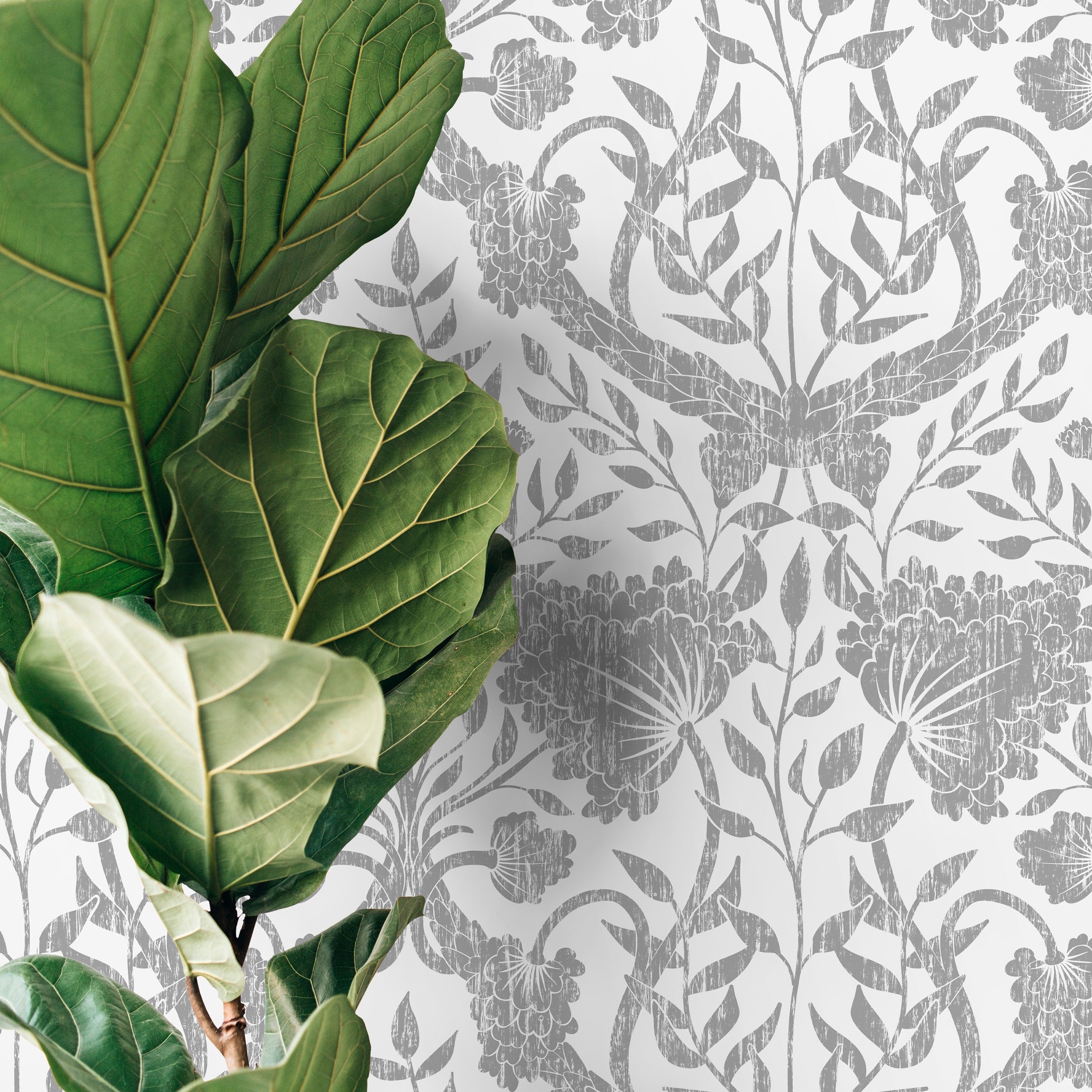 Floral Damask Wallpaper With A Distressed Motif In Grey - X169