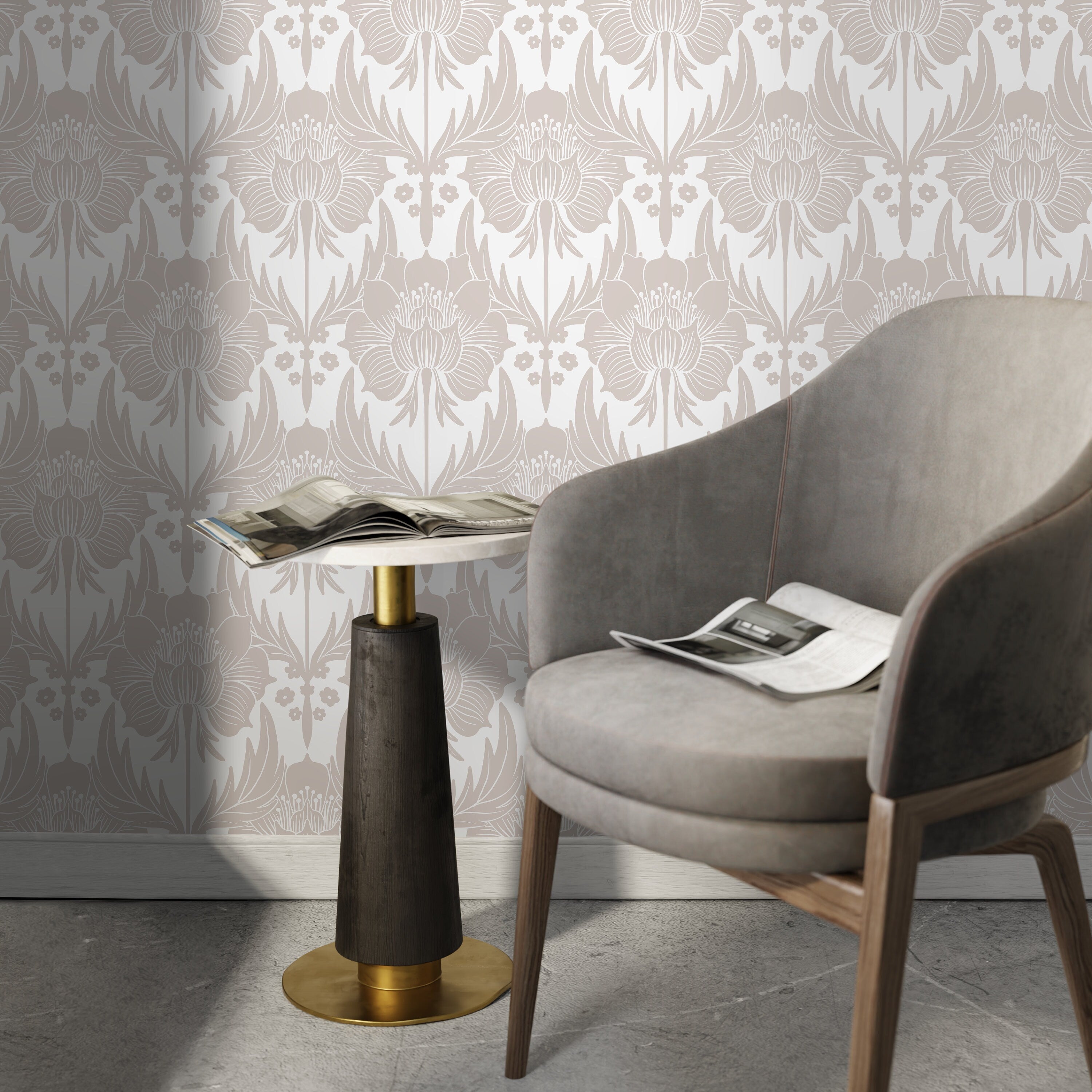 Floral Wallpaper With A Stylized Damask Motif In Neutral Beige - X170