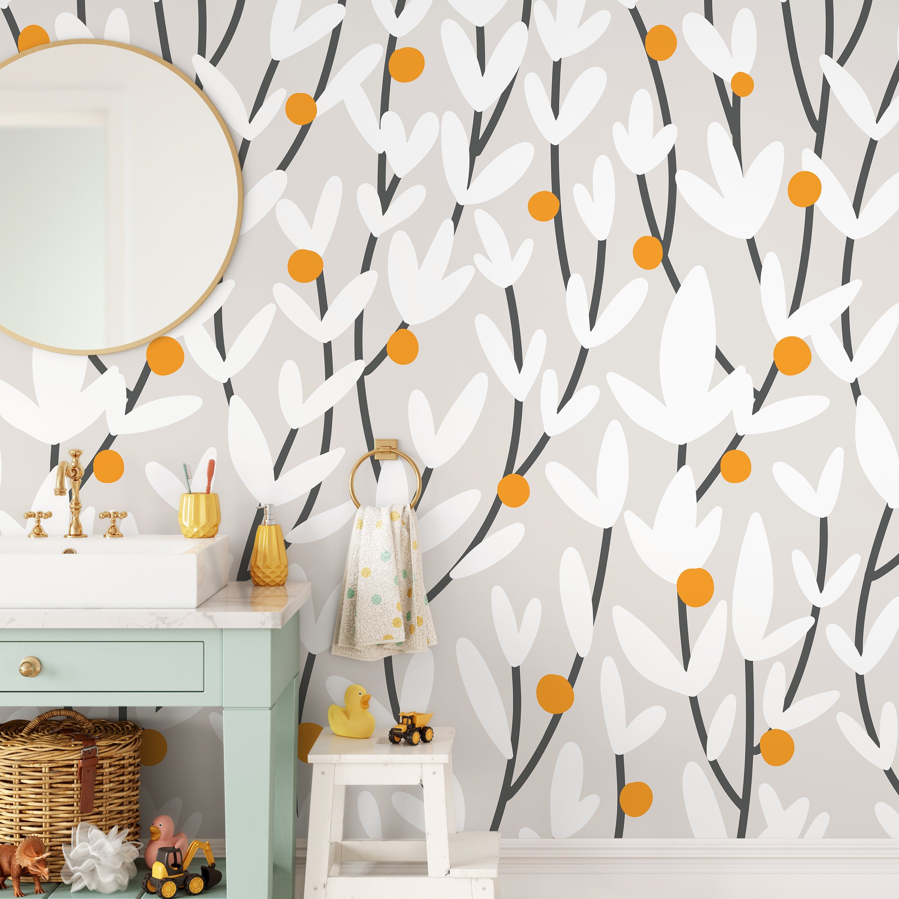 Floral Wallpaper With Abstract Blooms In Orange, White, And Charcoal - X178