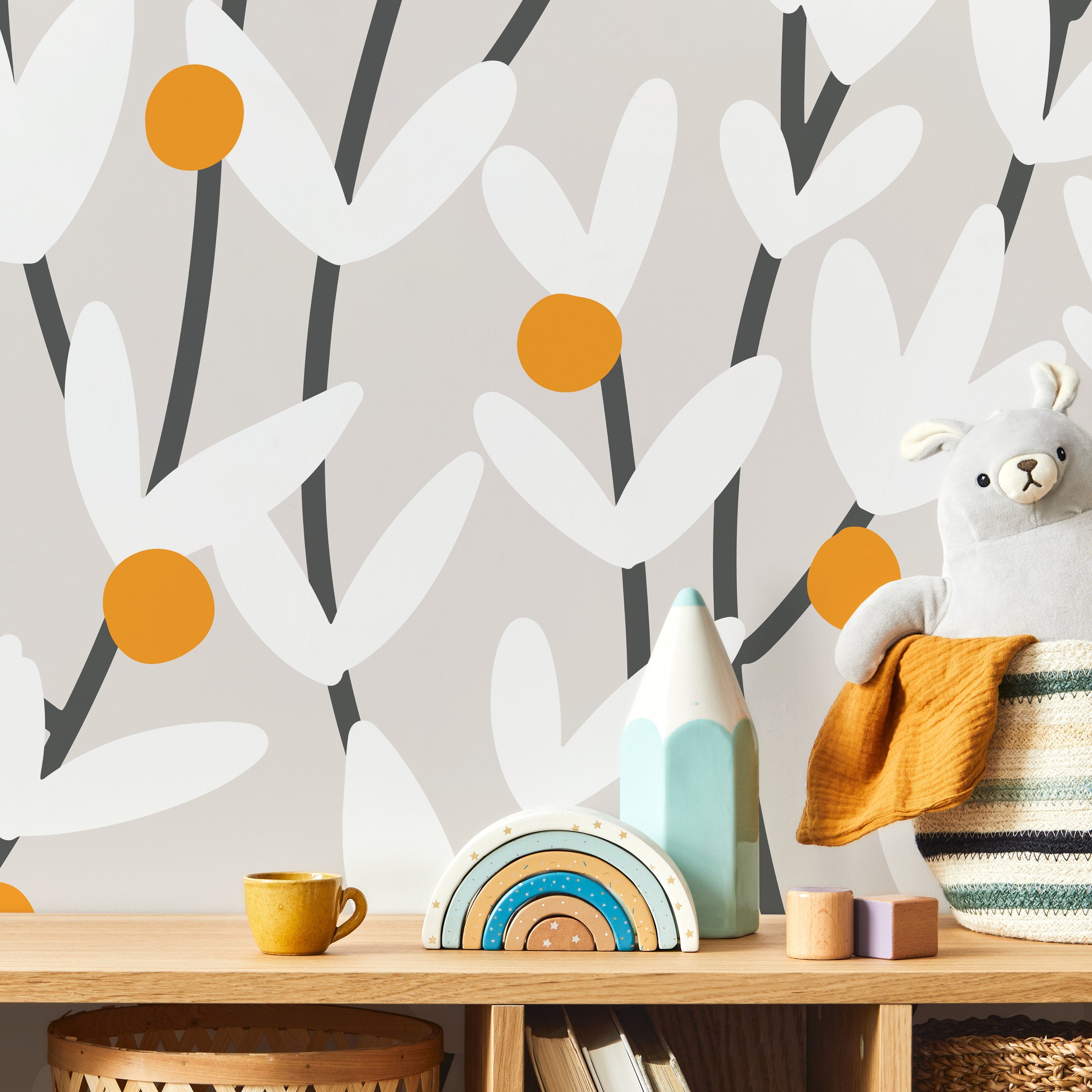 Floral Wallpaper With Abstract Blooms In Orange, White, And Charcoal - X178