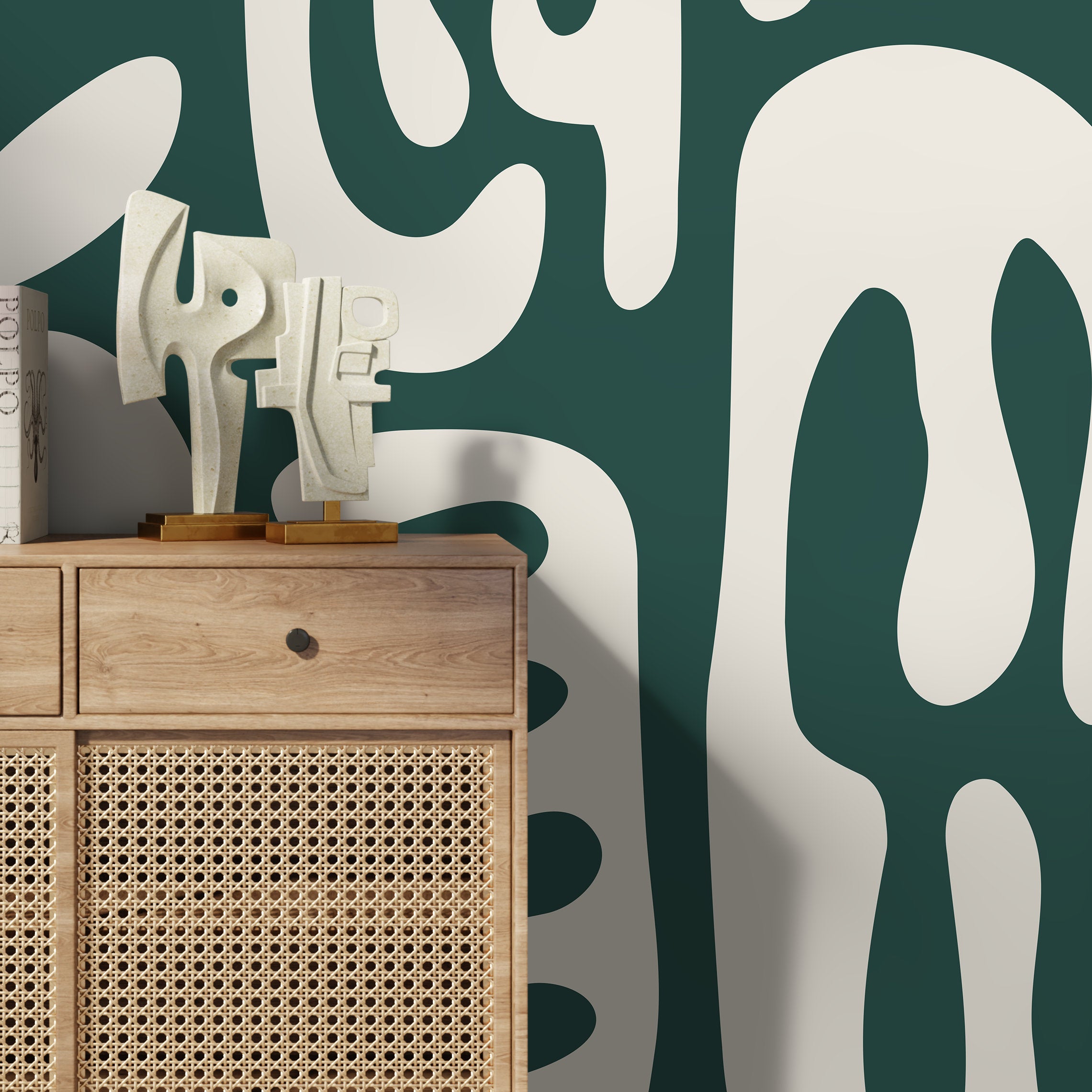 Abstract Wallpaper Featuring Large Fluid Forms In Green And White - D592