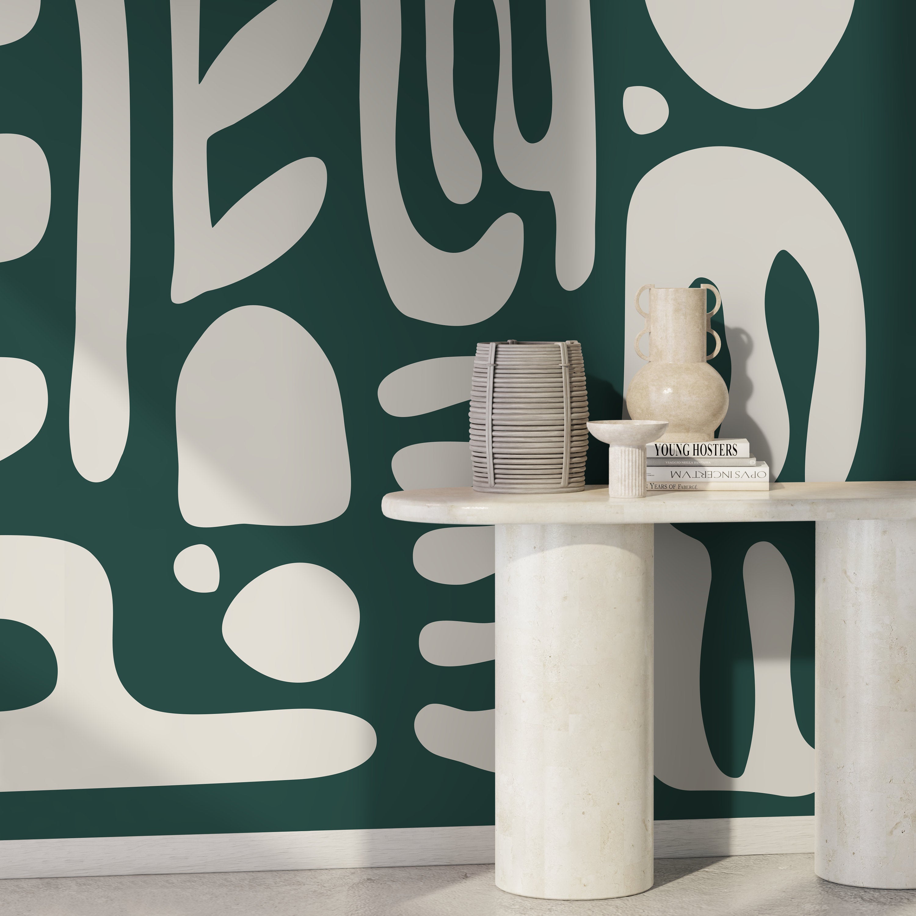 Abstract Wallpaper Featuring Large Fluid Forms In Green And White - D592
